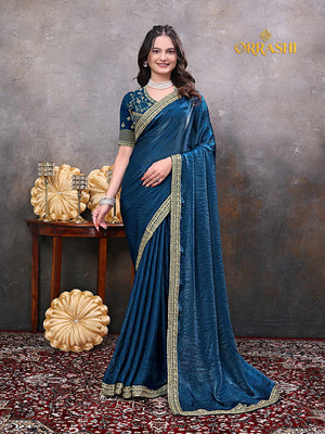 FOSSIL EMBROIDERIED WORK SILKY SILK SAREE - BLUE