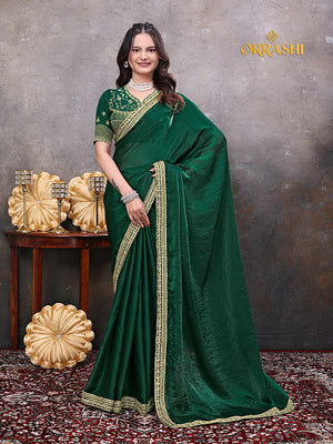 FOSSIL EMBROIDERIED WORK SILKY SILK SAREE - GREEN