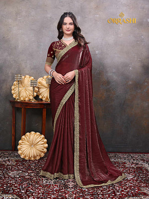 FOSSIL EMBROIDERIED WORK SILKY SILK SAREE - BROWN
