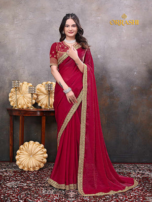 FOSSIL EMBROIDERIED WORK SILKY SILK SAREE - RED