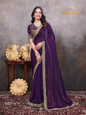 FOSSIL EMBROIDERIED WORK SILKY SILK SAREE - PURPLE