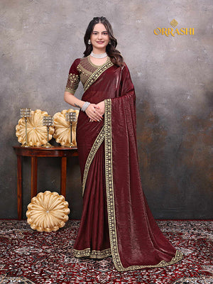 ROLEX EMBROIDERIED WORK SILKY SILK SAREE - BROWN