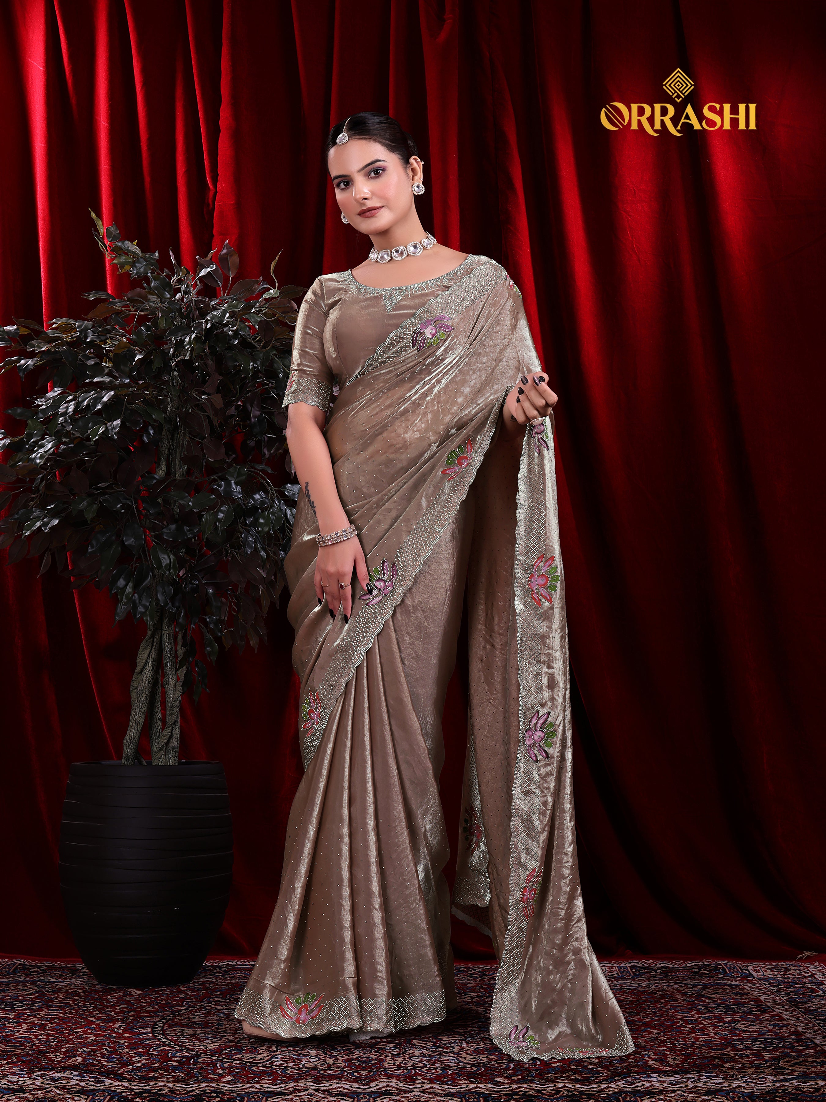 FLORAL PRINTED SIROSKI WORK FENDY SATIN SILK SAREE