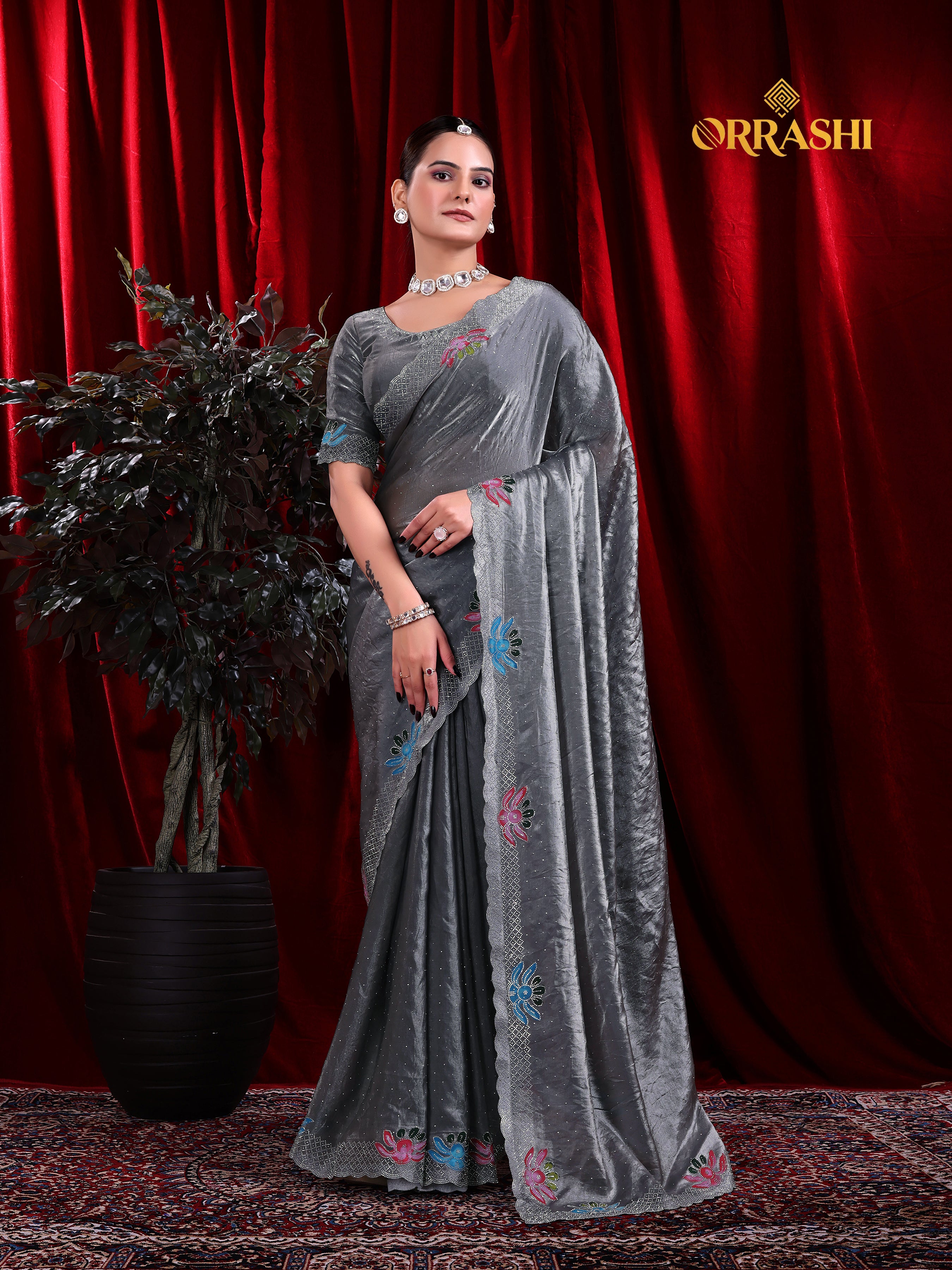 FLORAL PRINTED SIROSKI WORK FENDY SATIN SILK SAREE