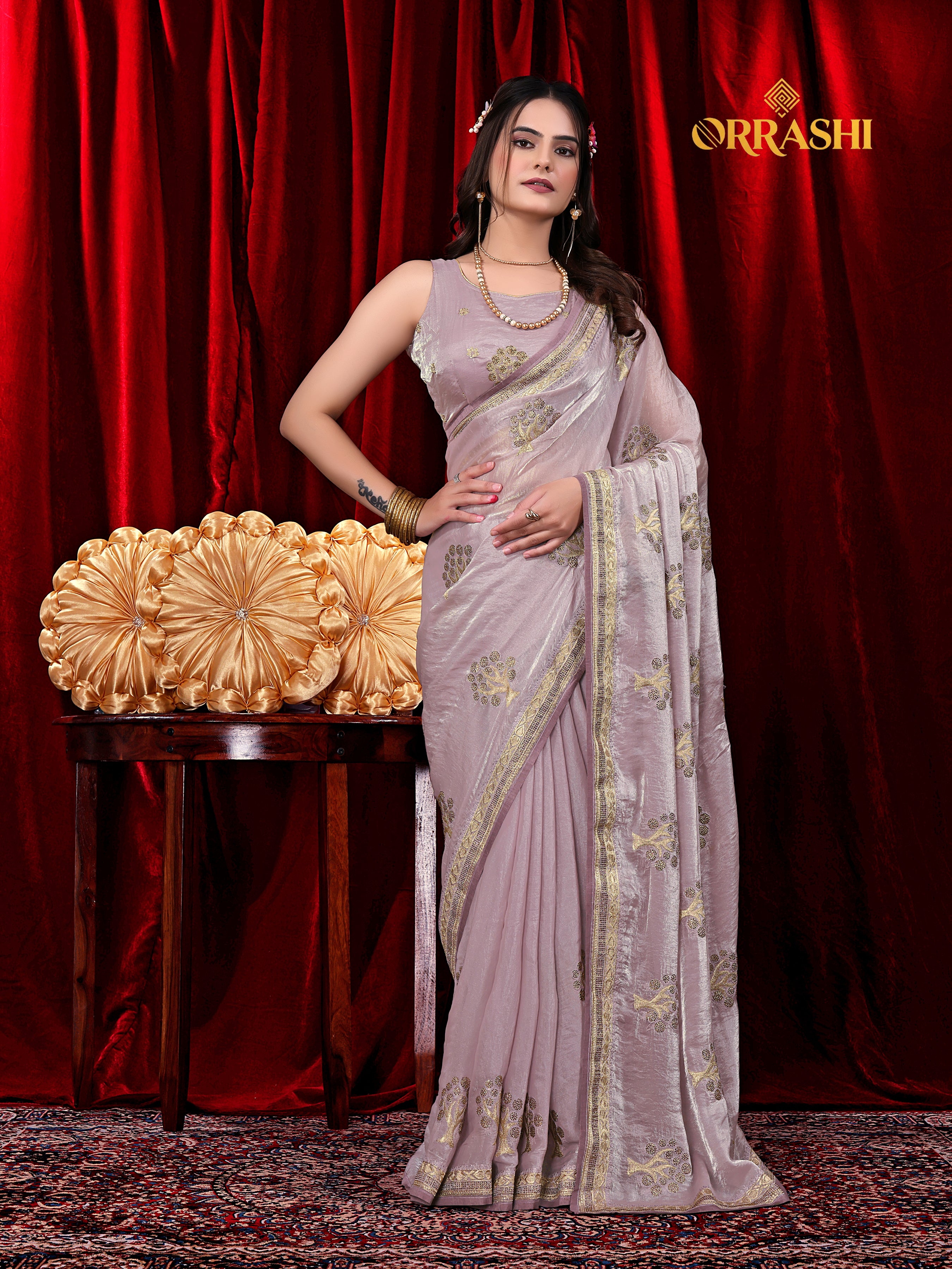 FORTUNE TREE EMBROIDERIED WITH JARKAN WORK FENDY SATIN SILK SAREE