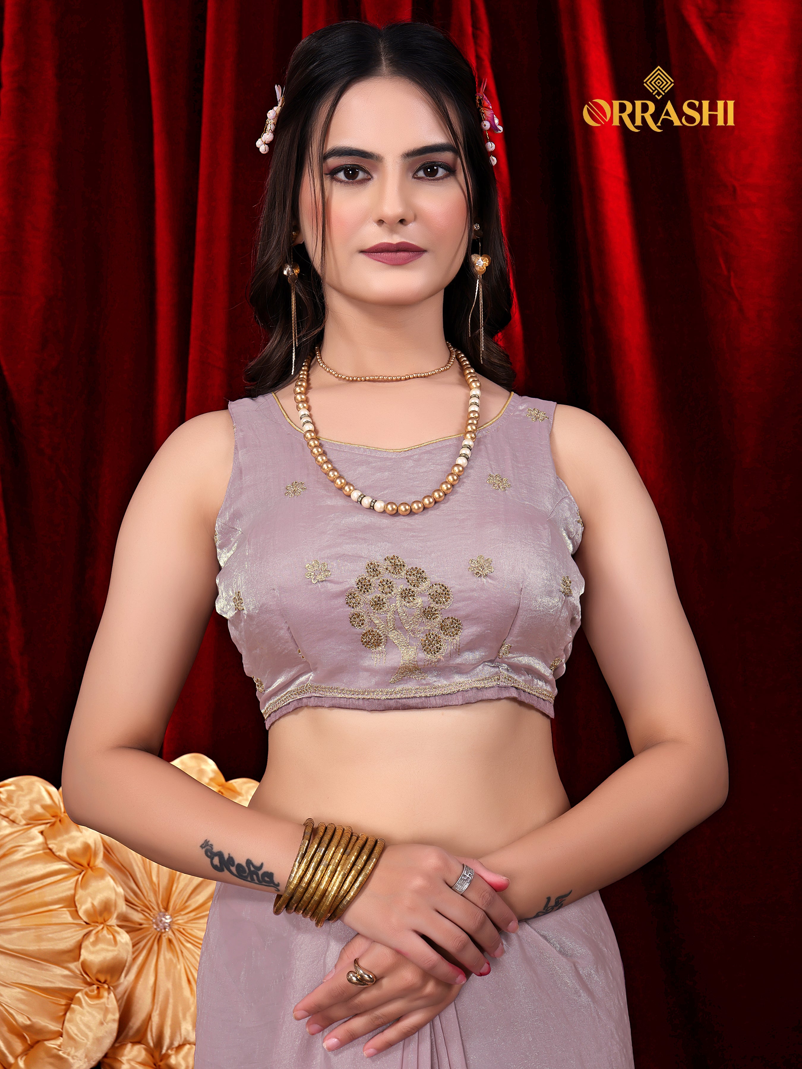 FORTUNE TREE EMBROIDERIED WITH JARKAN WORK FENDY SATIN SILK SAREE