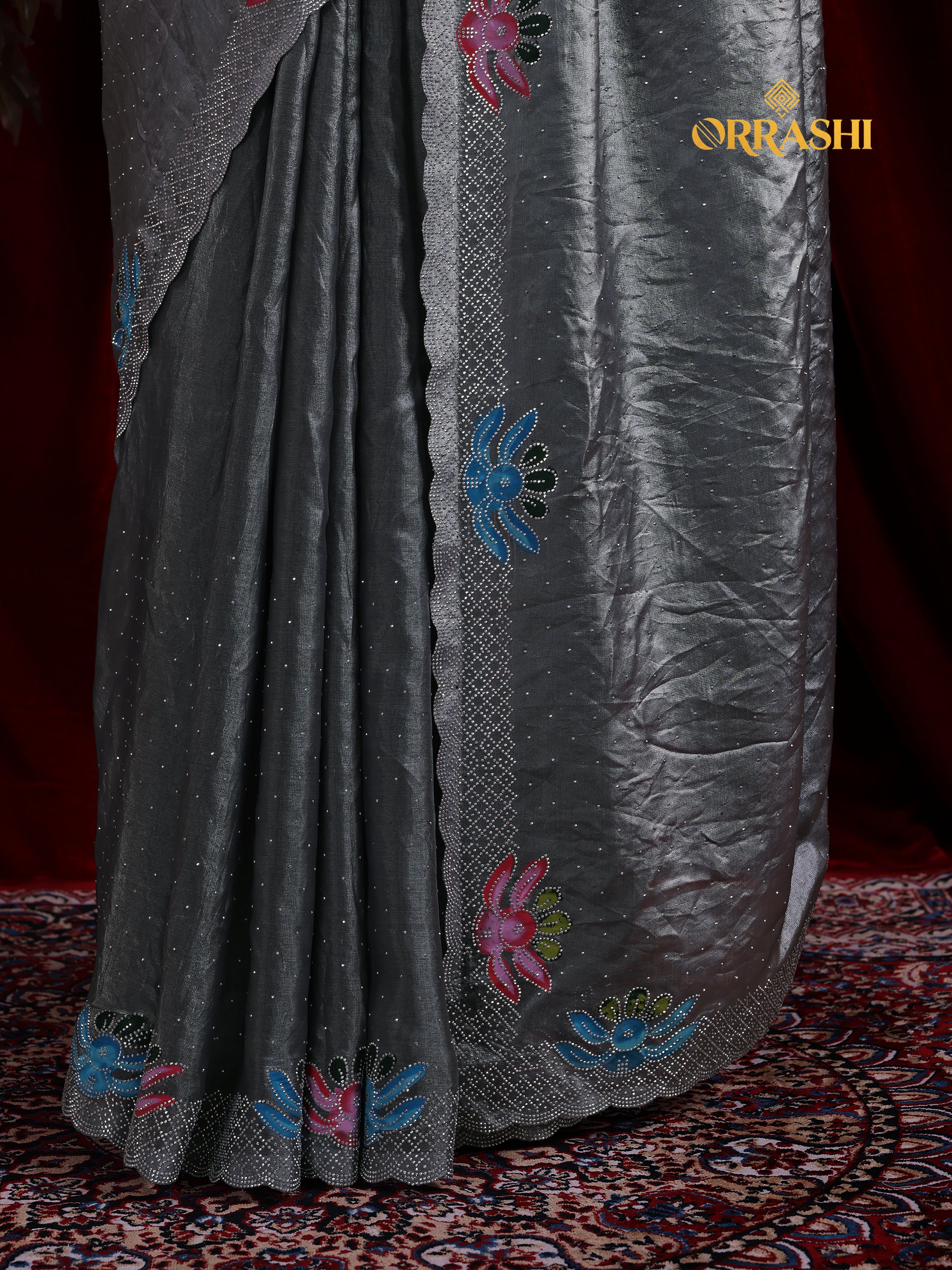 FLORAL PRINTED SIROSKI WORK FENDY SATIN SILK SAREE