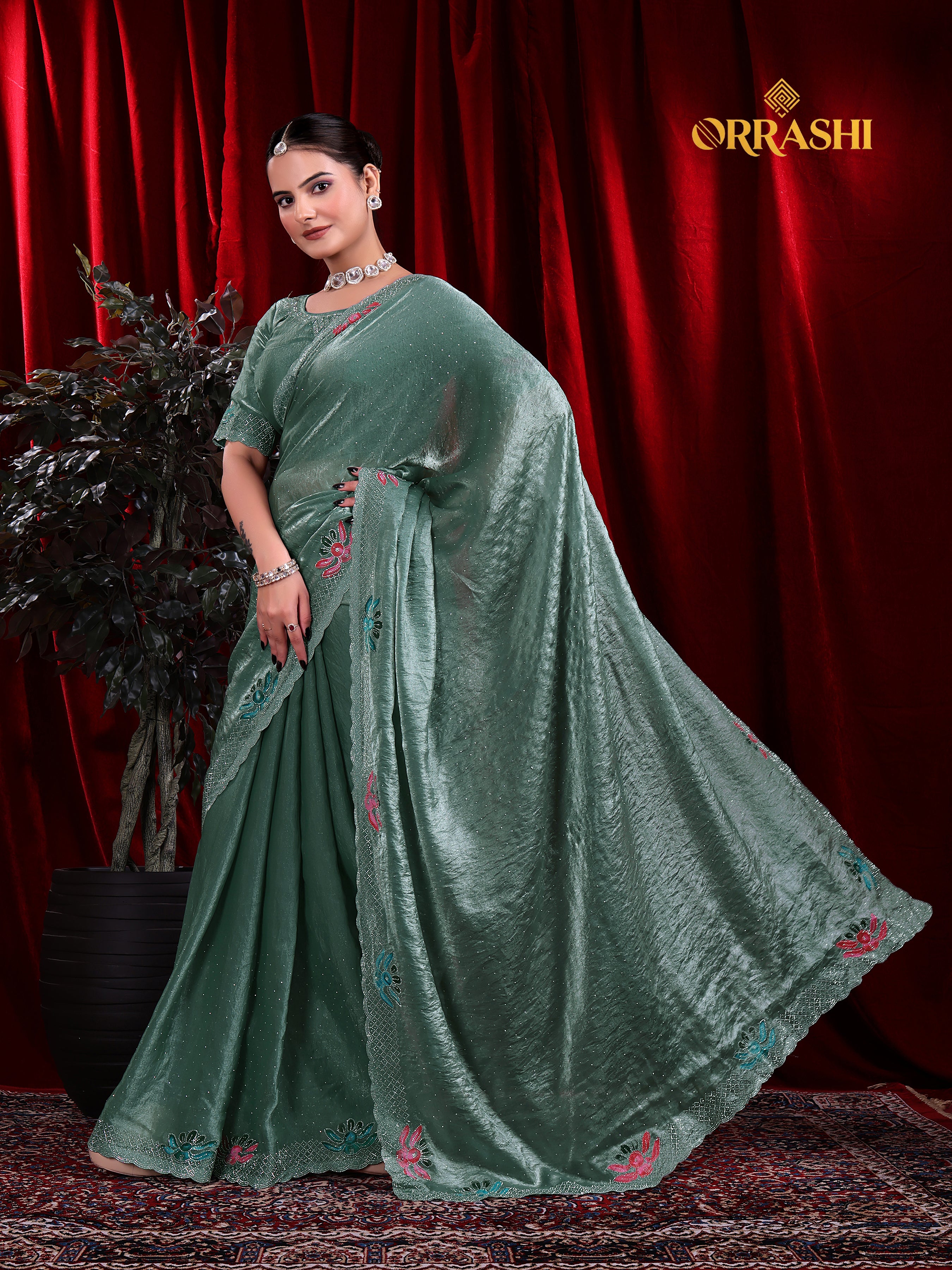 FLORAL PRINTED SIROSKI WORK FENDY SATIN SILK SAREE