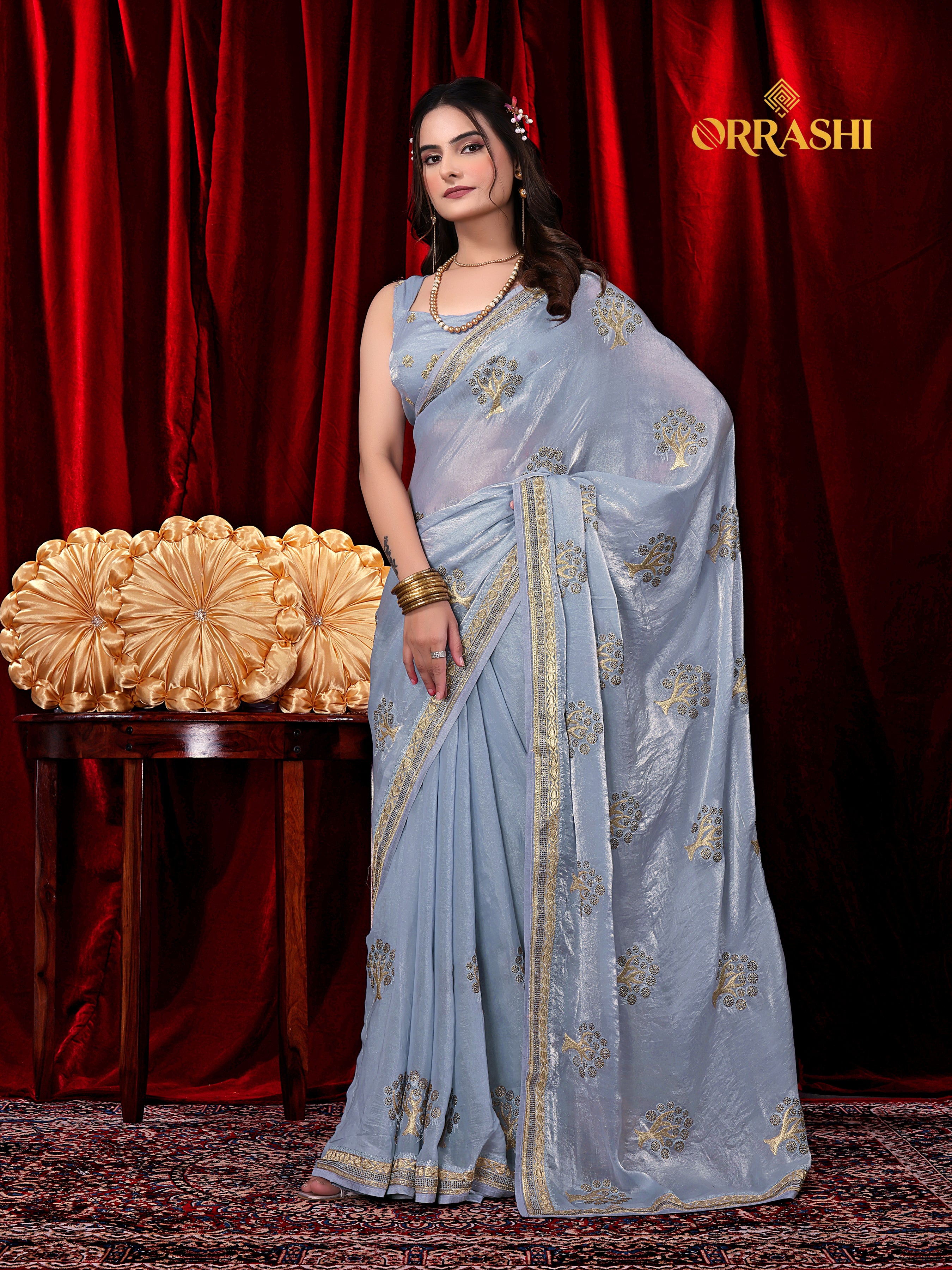 FORTUNE TREE EMBROIDERIED WITH JARKAN WORK FENDY SATIN SILK SAREE