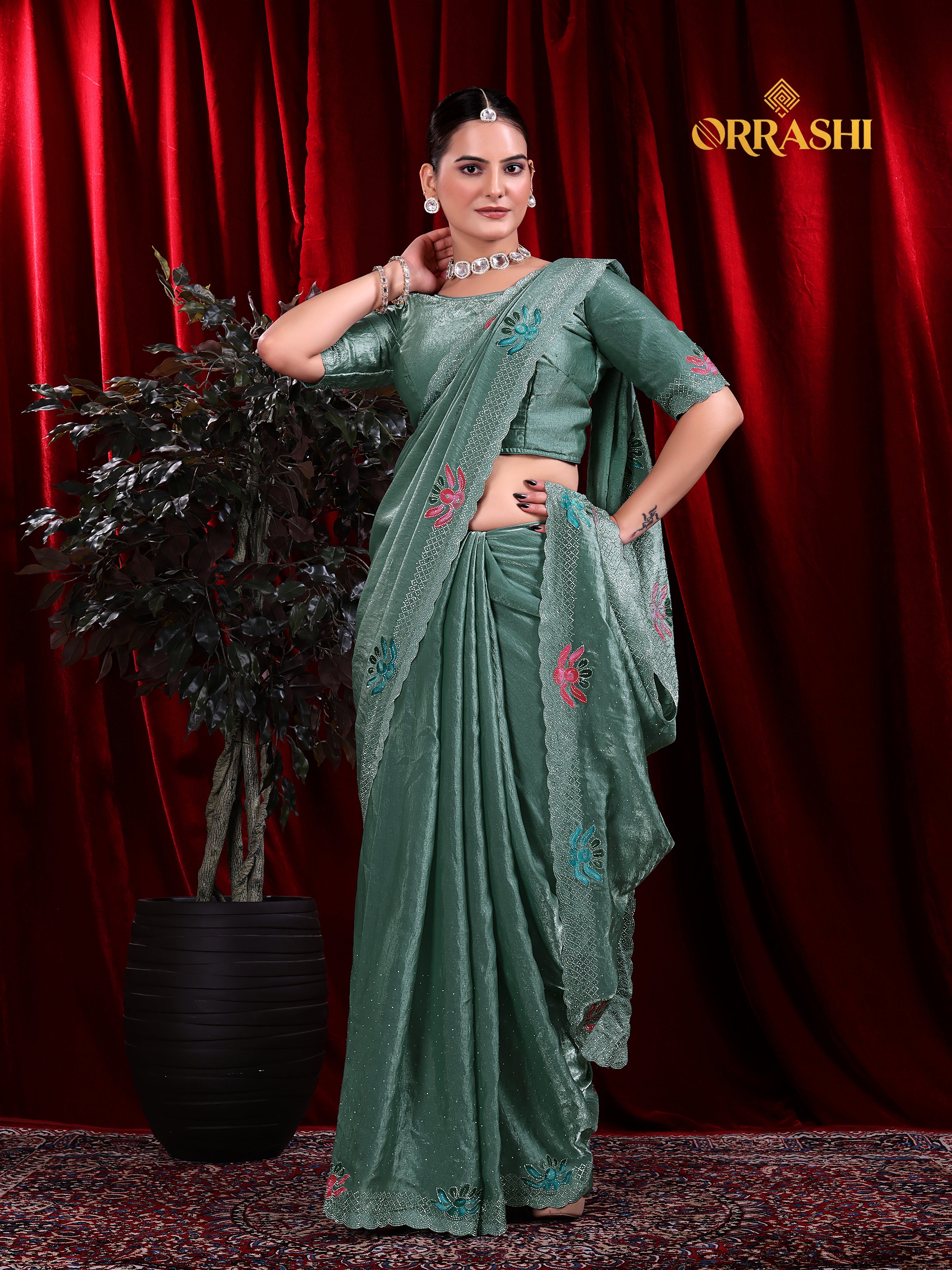 FLORAL PRINTED SIROSKI WORK FENDY SATIN SILK SAREE
