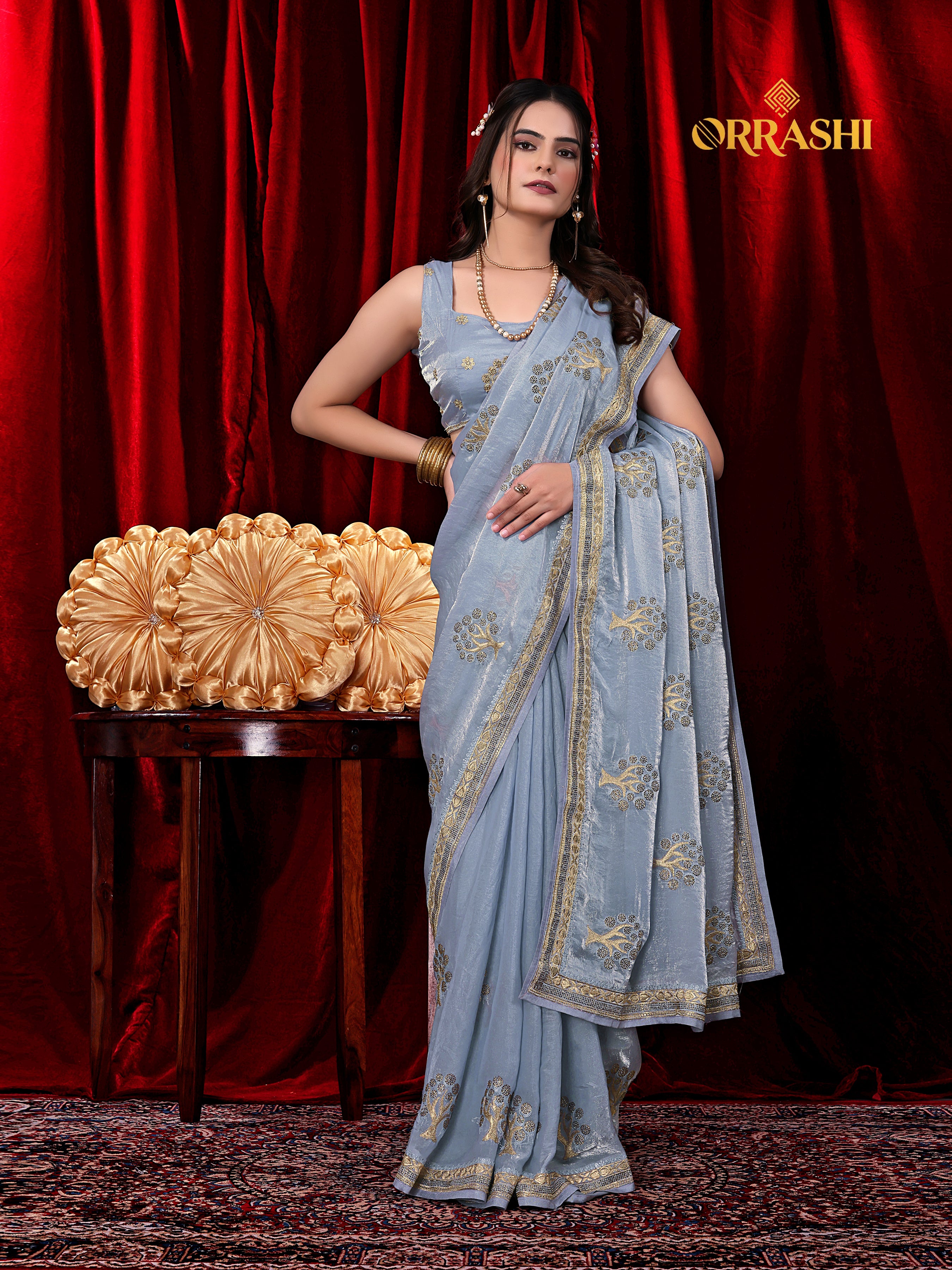 FORTUNE TREE EMBROIDERIED WITH JARKAN WORK FENDY SATIN SILK SAREE