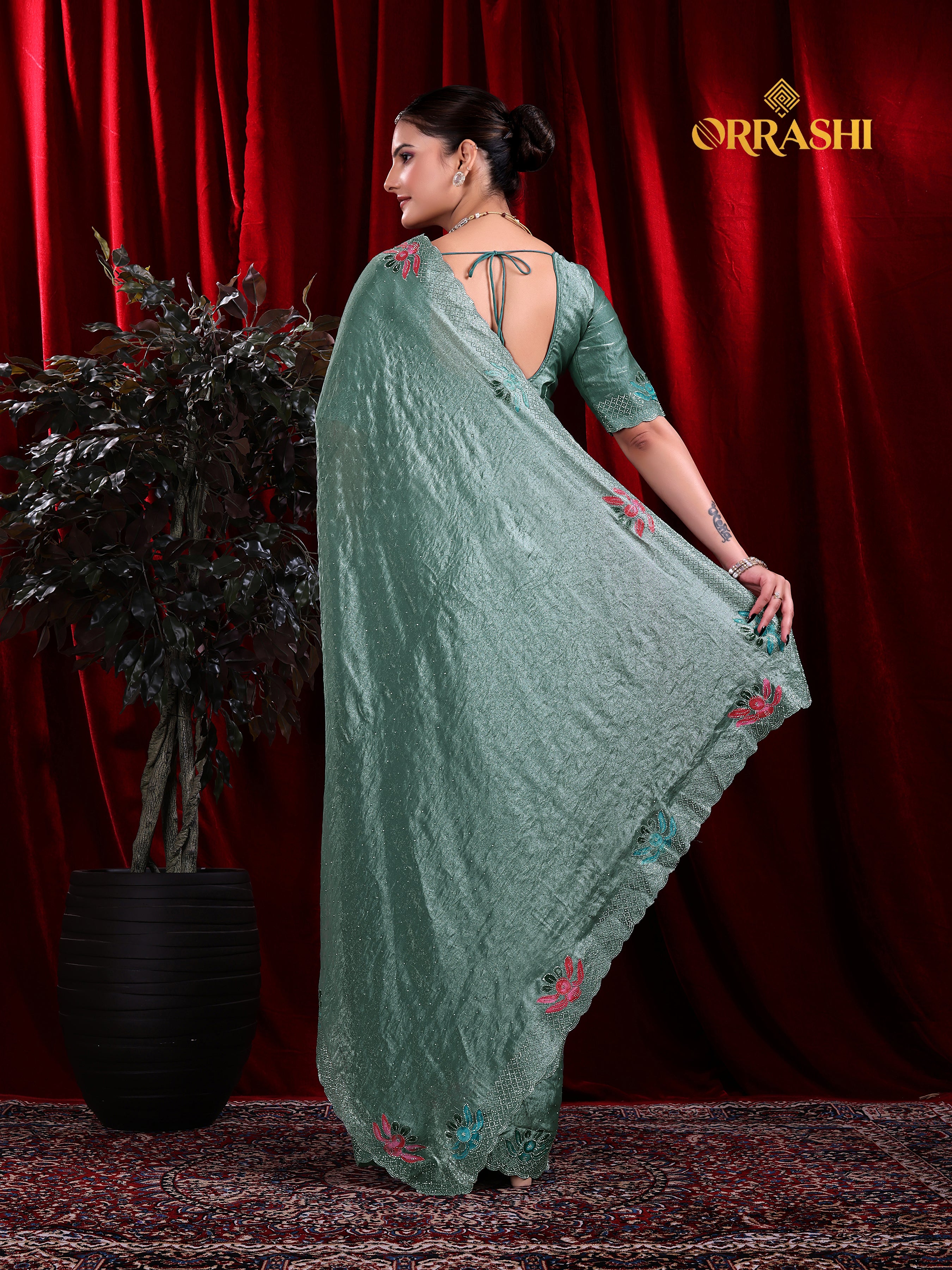 FLORAL PRINTED SIROSKI WORK FENDY SATIN SILK SAREE