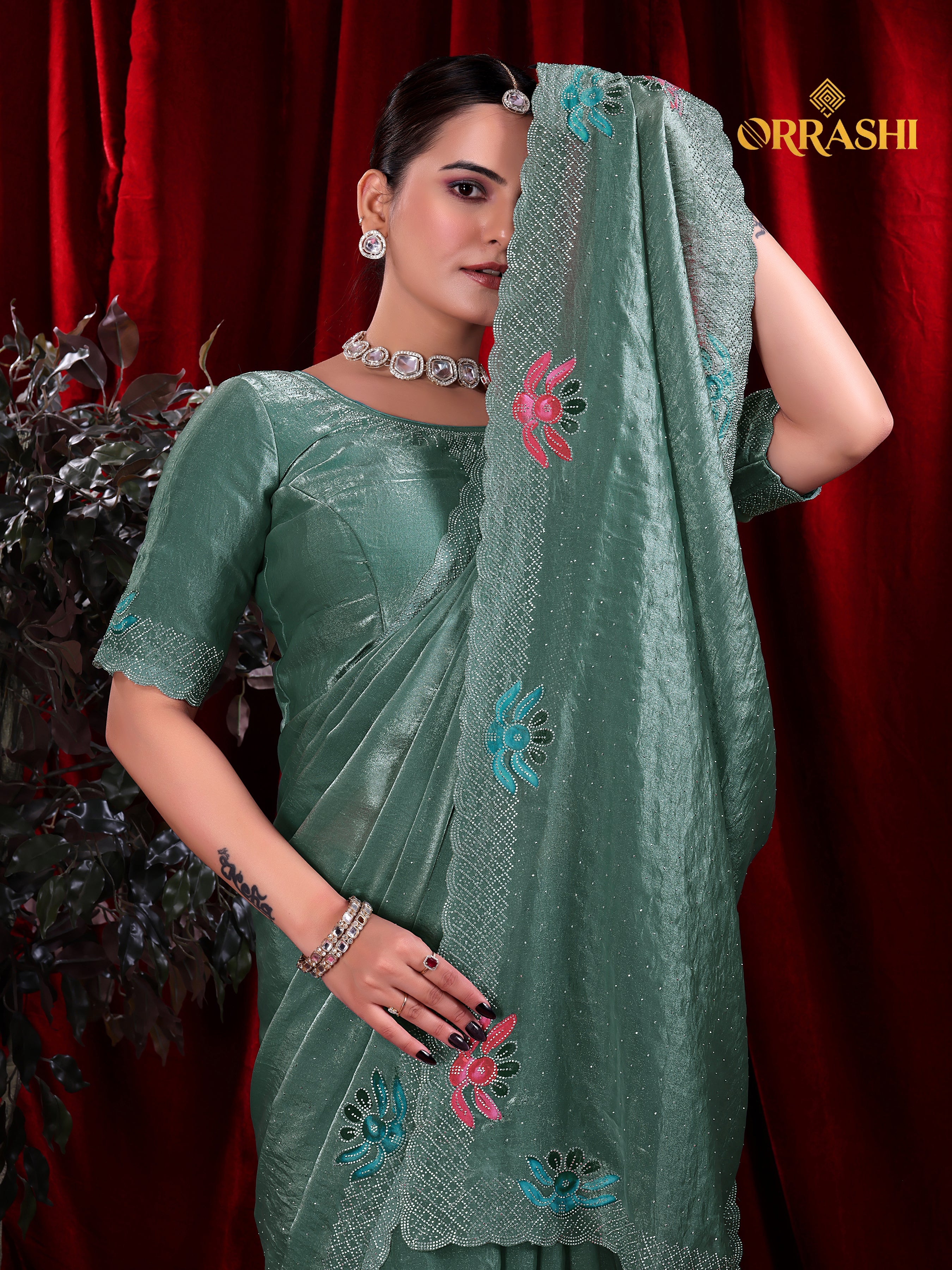 FLORAL PRINTED SIROSKI WORK FENDY SATIN SILK SAREE