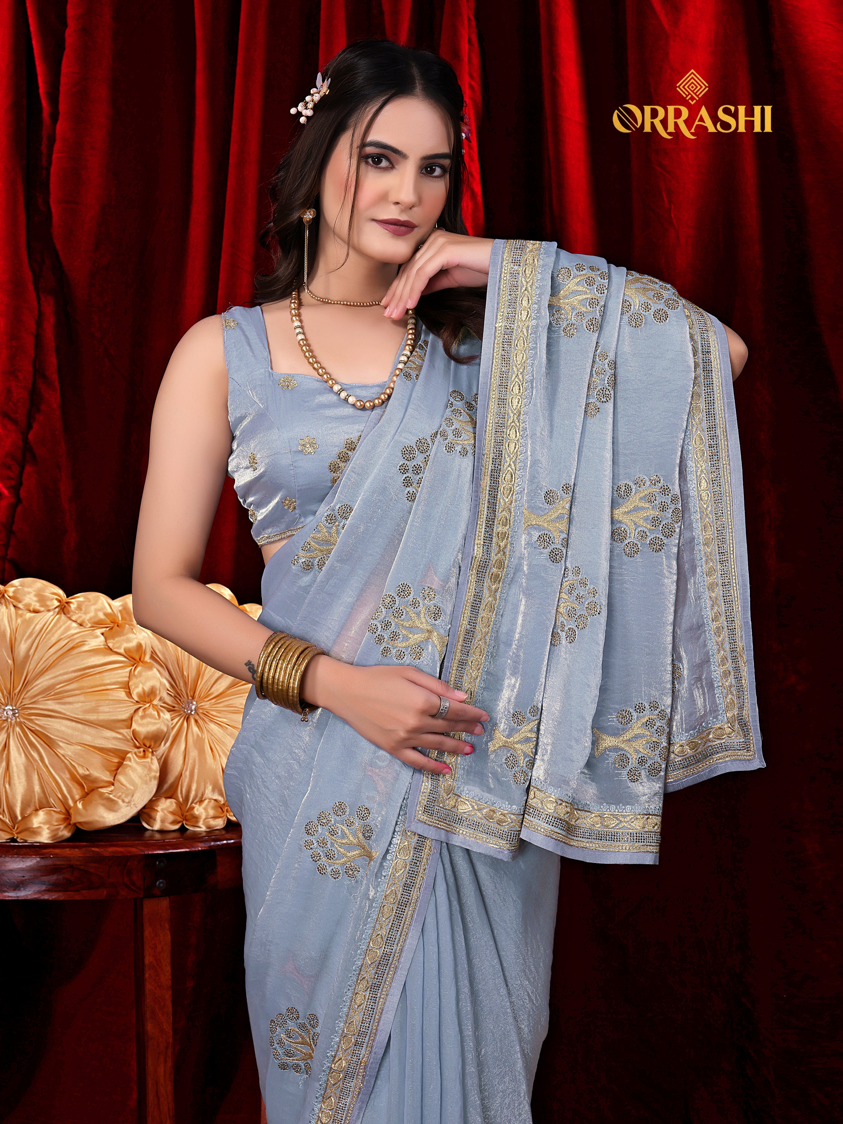 FORTUNE TREE EMBROIDERIED WITH JARKAN WORK FENDY SATIN SILK SAREE