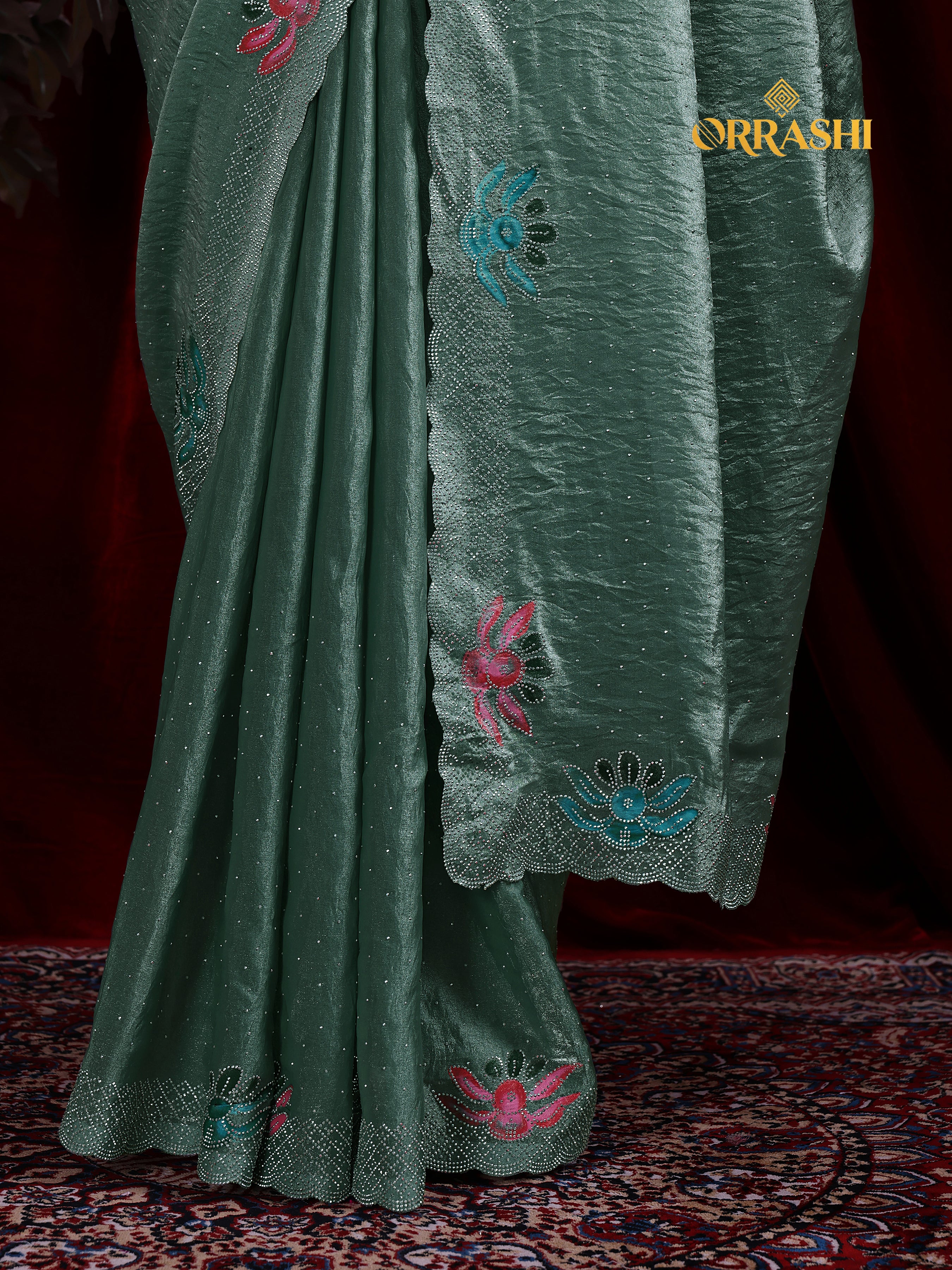 FLORAL PRINTED SIROSKI WORK FENDY SATIN SILK SAREE