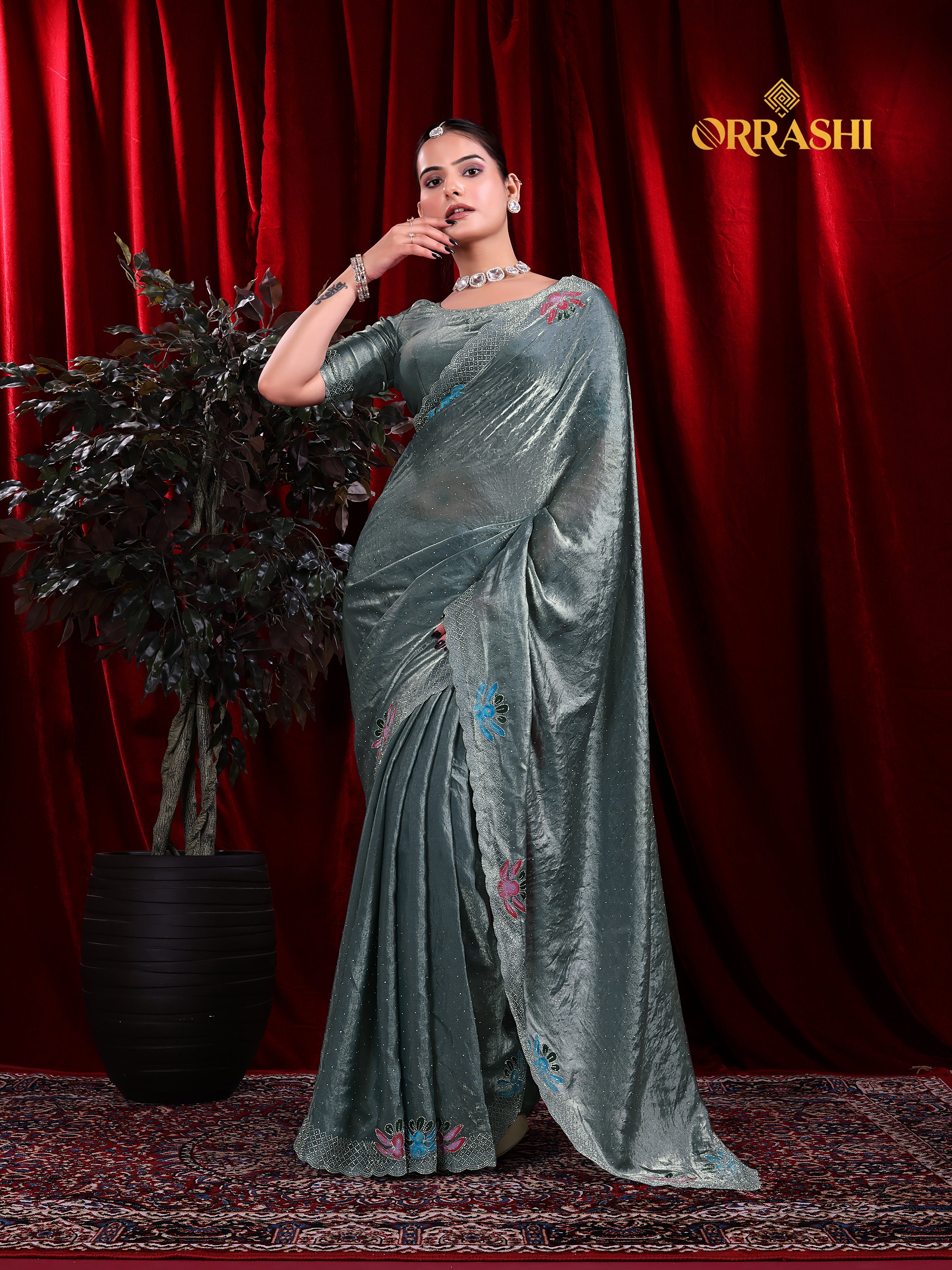 FLORAL PRINTED SIROSKI WORK FENDY SATIN SILK SAREE