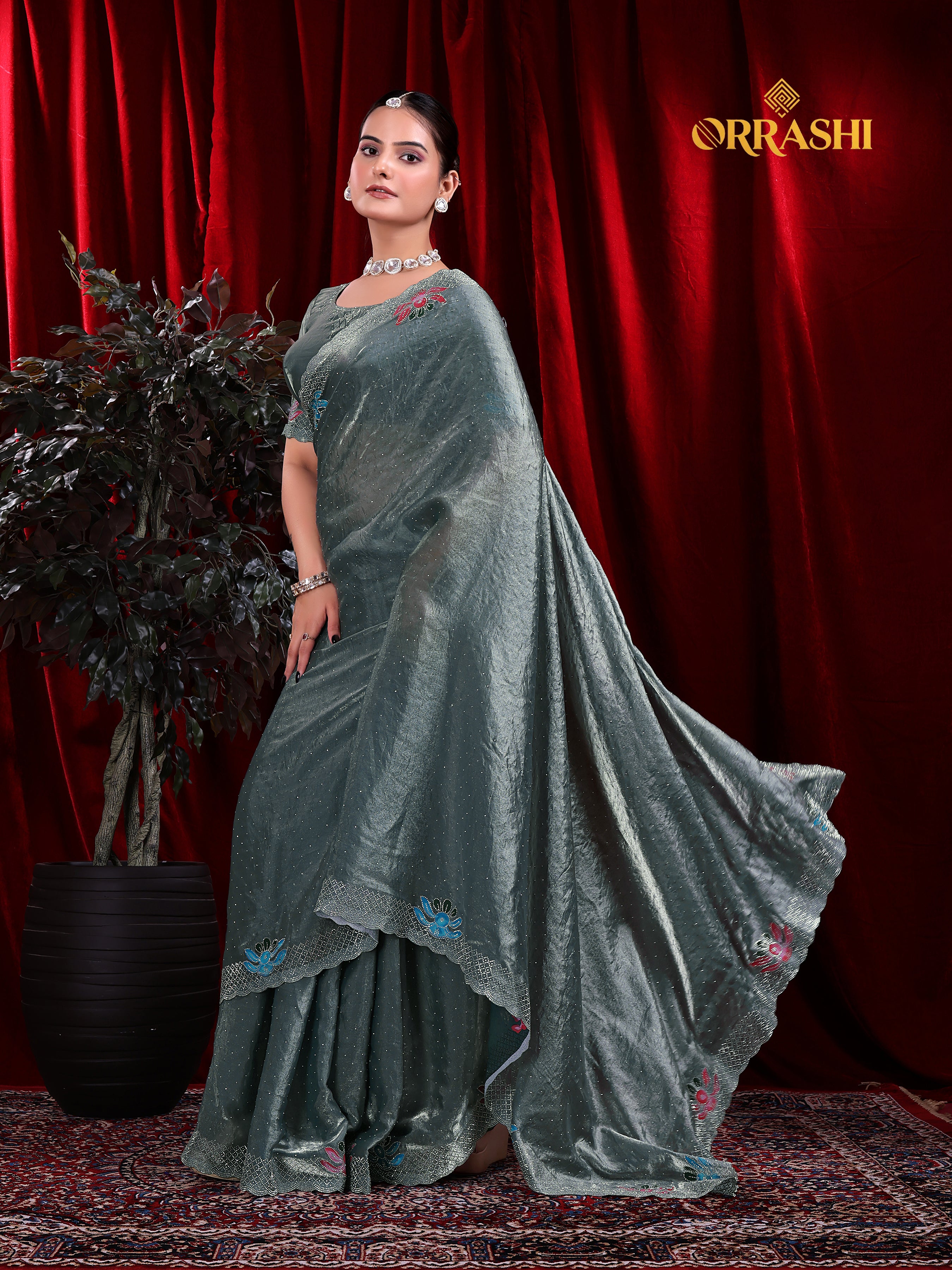 FLORAL PRINTED SIROSKI WORK FENDY SATIN SILK SAREE