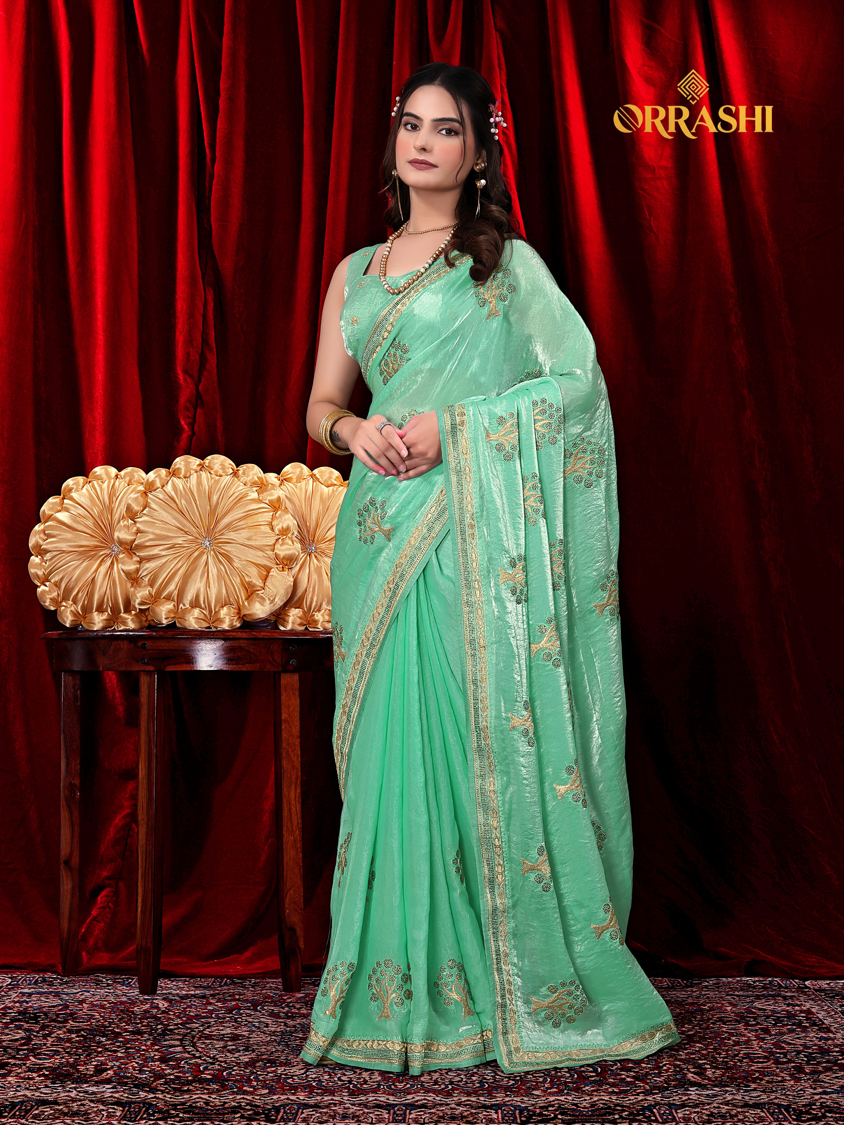 FORTUNE TREE EMBROIDERIED WITH JARKAN WORK FENDY SATIN SILK SAREE