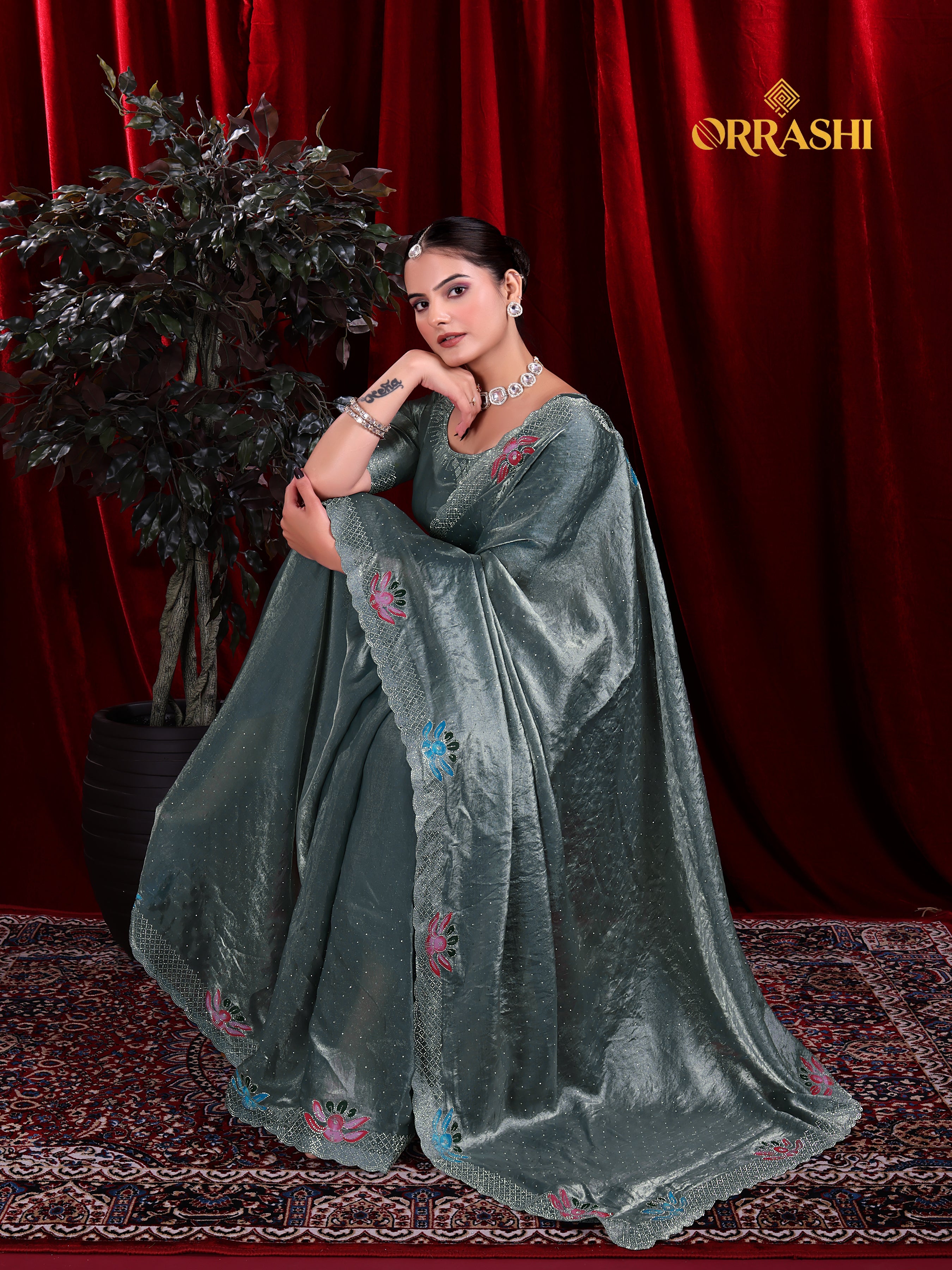 FLORAL PRINTED SIROSKI WORK FENDY SATIN SILK SAREE