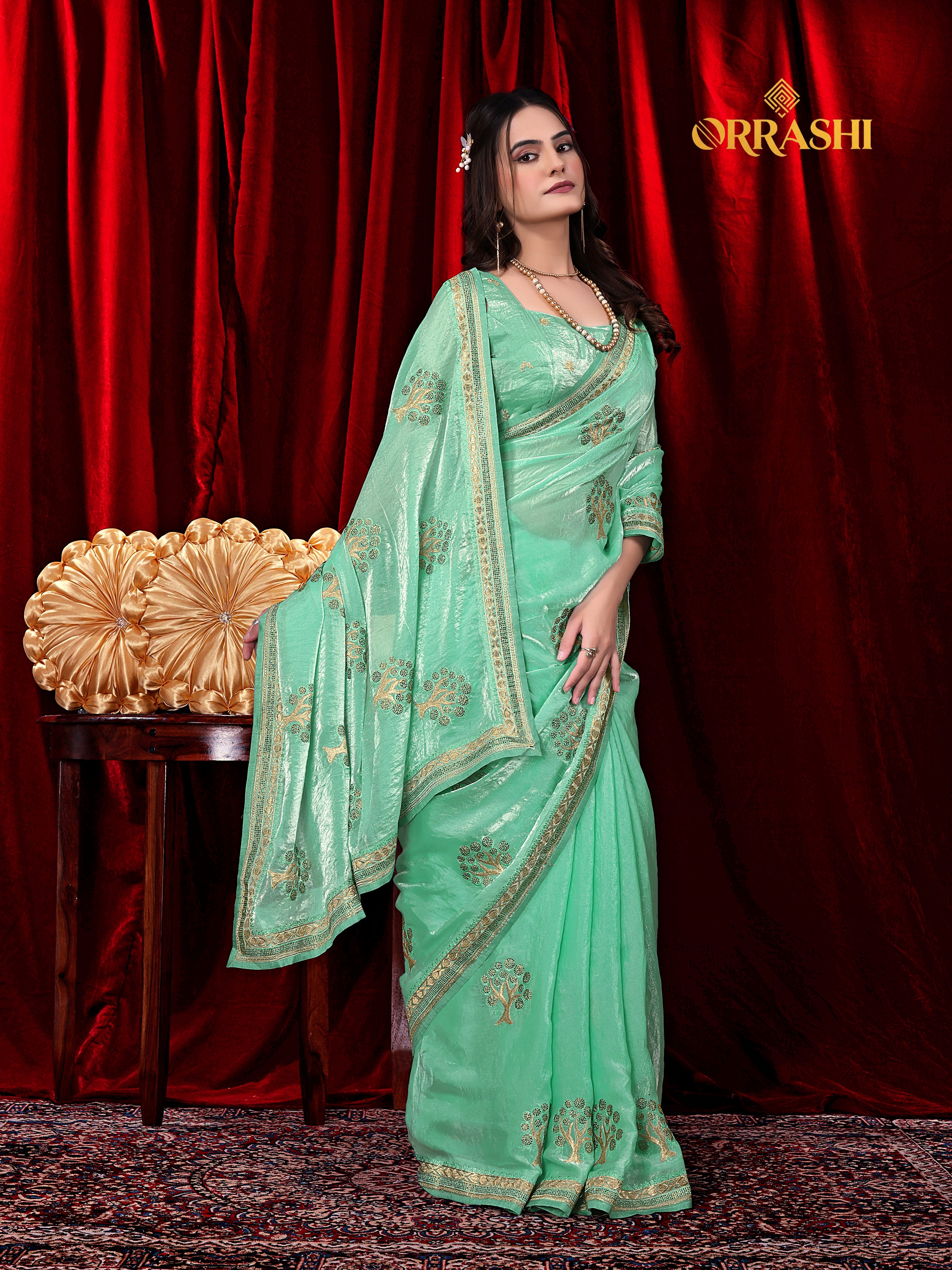 FORTUNE TREE EMBROIDERIED WITH JARKAN WORK FENDY SATIN SILK SAREE