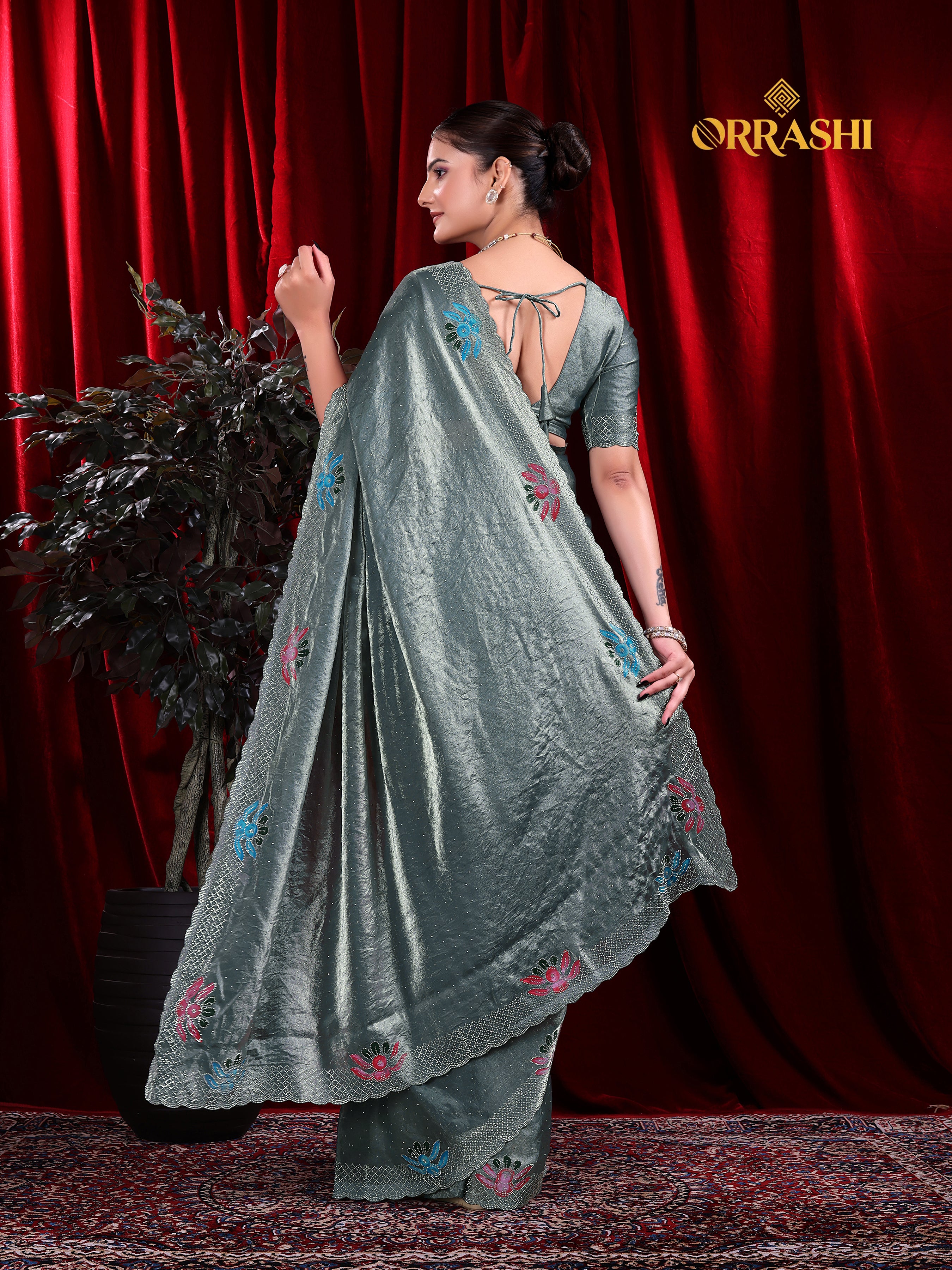 FLORAL PRINTED SIROSKI WORK FENDY SATIN SILK SAREE