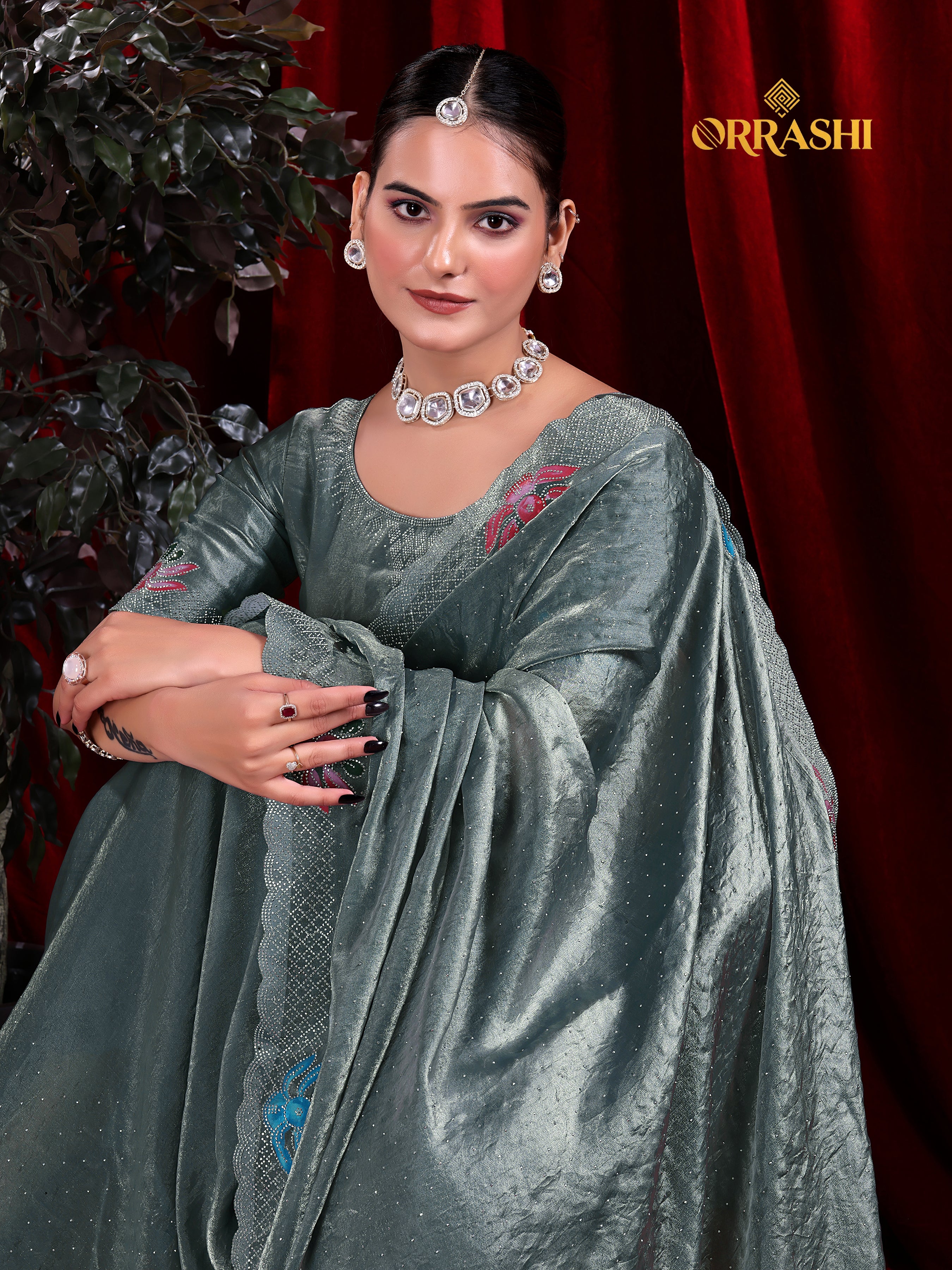 FLORAL PRINTED SIROSKI WORK FENDY SATIN SILK SAREE