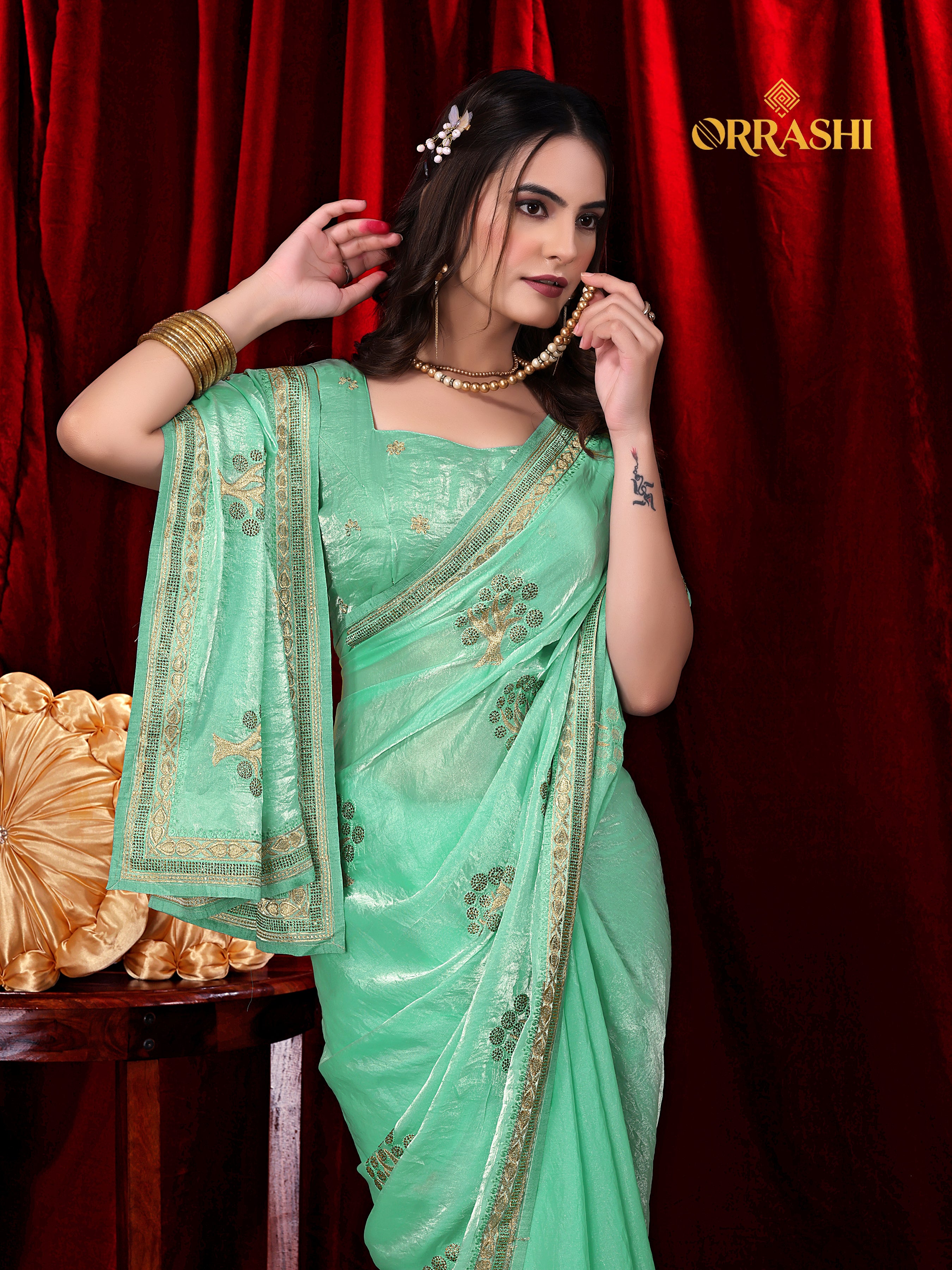 FORTUNE TREE EMBROIDERIED WITH JARKAN WORK FENDY SATIN SILK SAREE