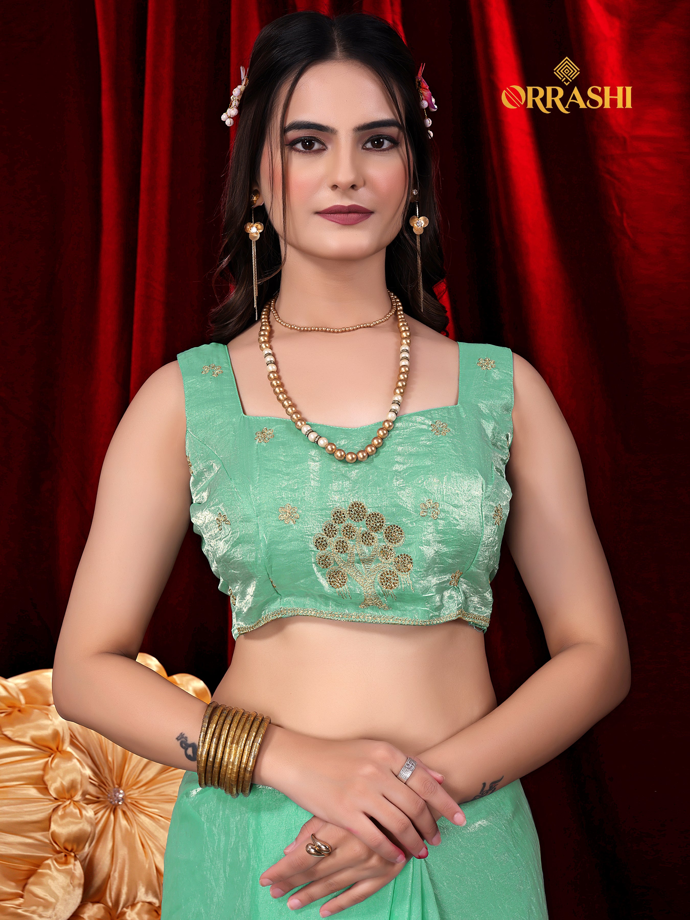 FORTUNE TREE EMBROIDERIED WITH JARKAN WORK FENDY SATIN SILK SAREE