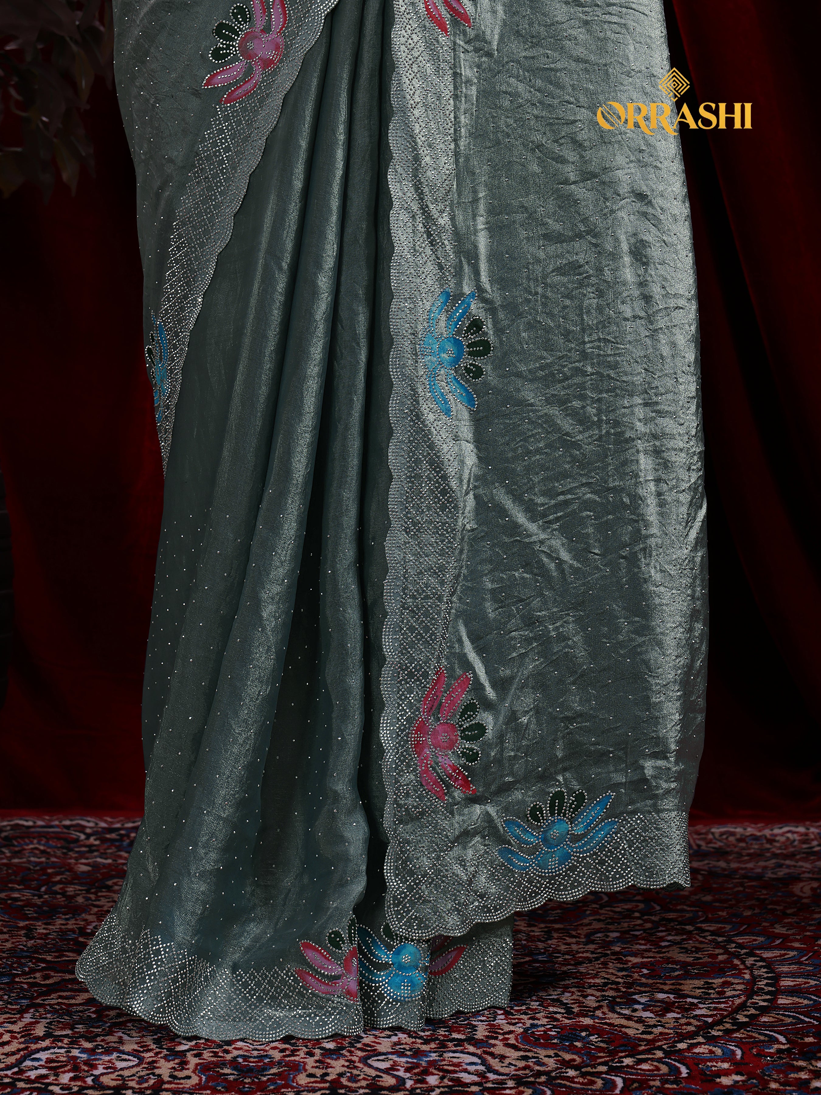 FLORAL PRINTED SIROSKI WORK FENDY SATIN SILK SAREE