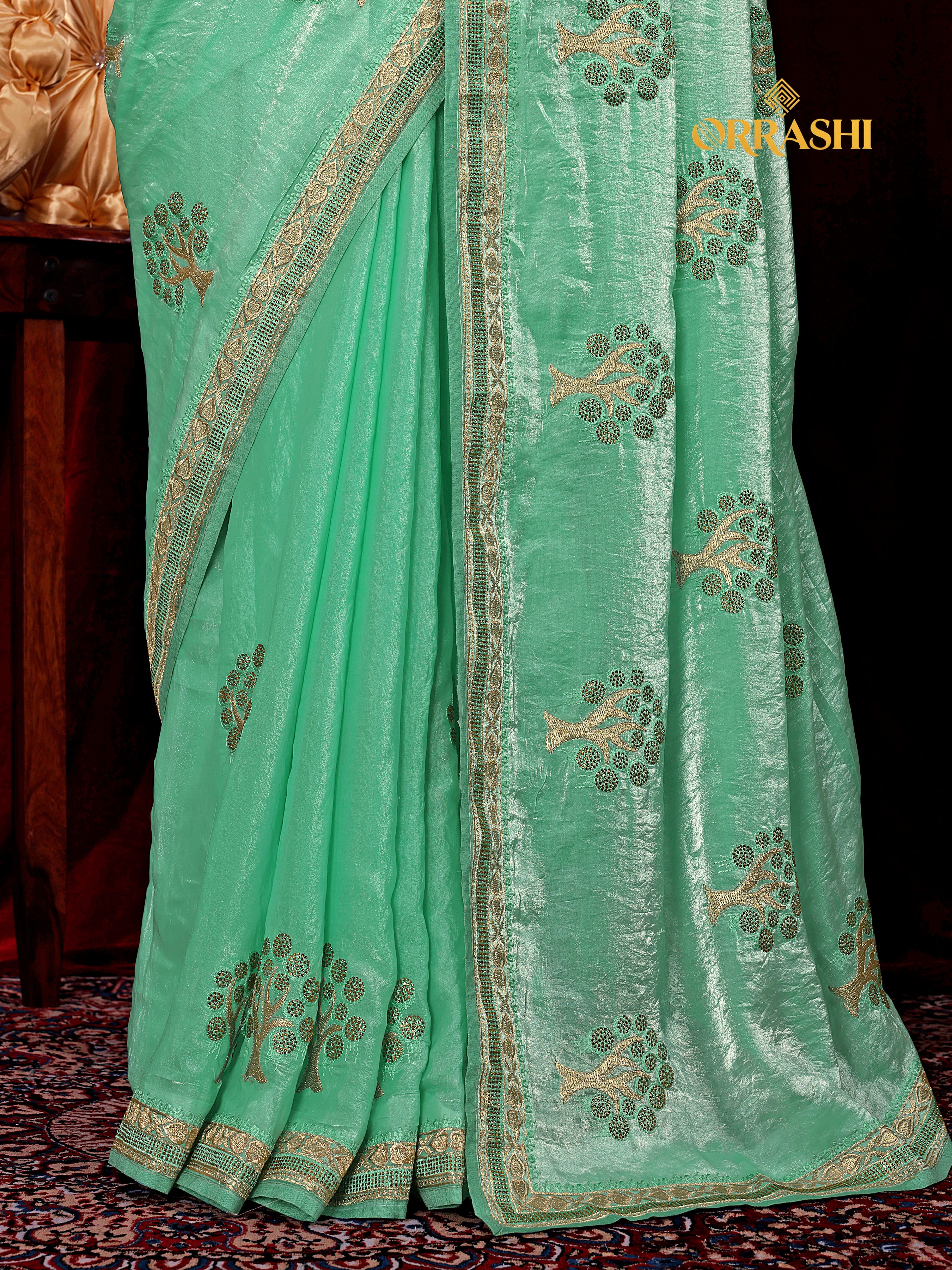 FORTUNE TREE EMBROIDERIED WITH JARKAN WORK FENDY SATIN SILK SAREE
