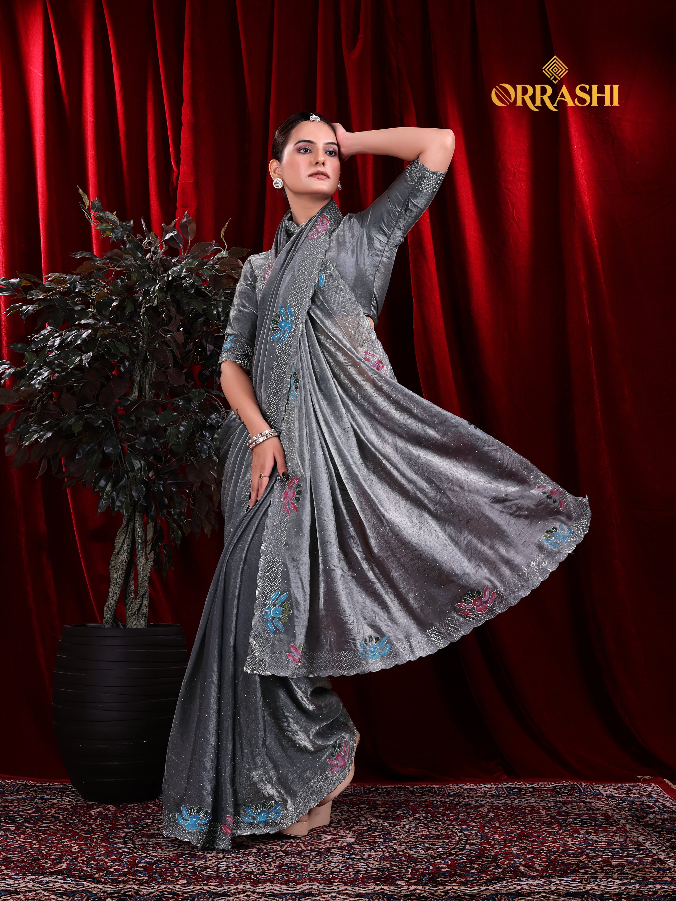 FLORAL PRINTED SIROSKI WORK FENDY SATIN SILK SAREE