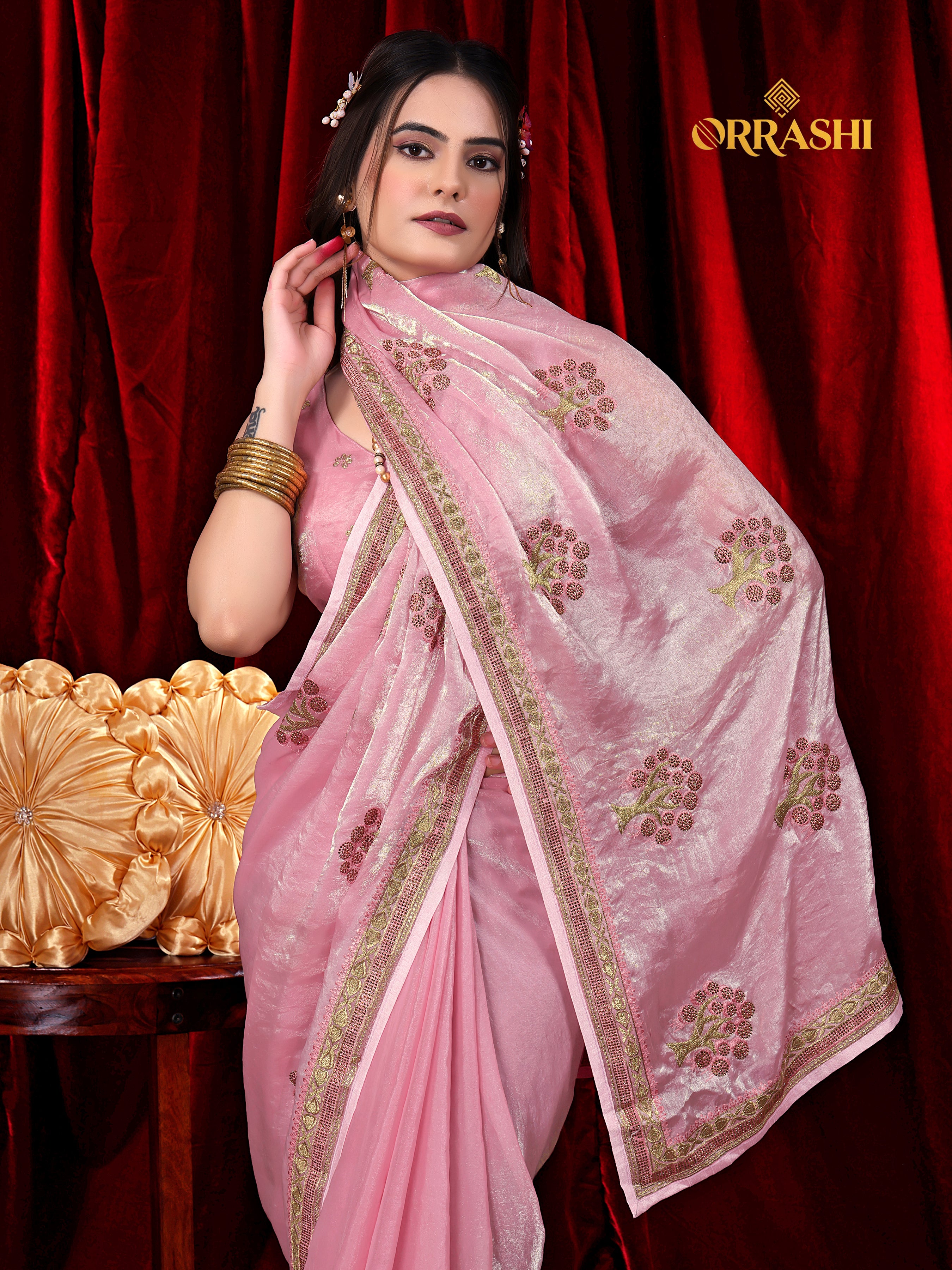 FORTUNE TREE EMBROIDERIED WITH JARKAN WORK FENDY SATIN SILK SAREE