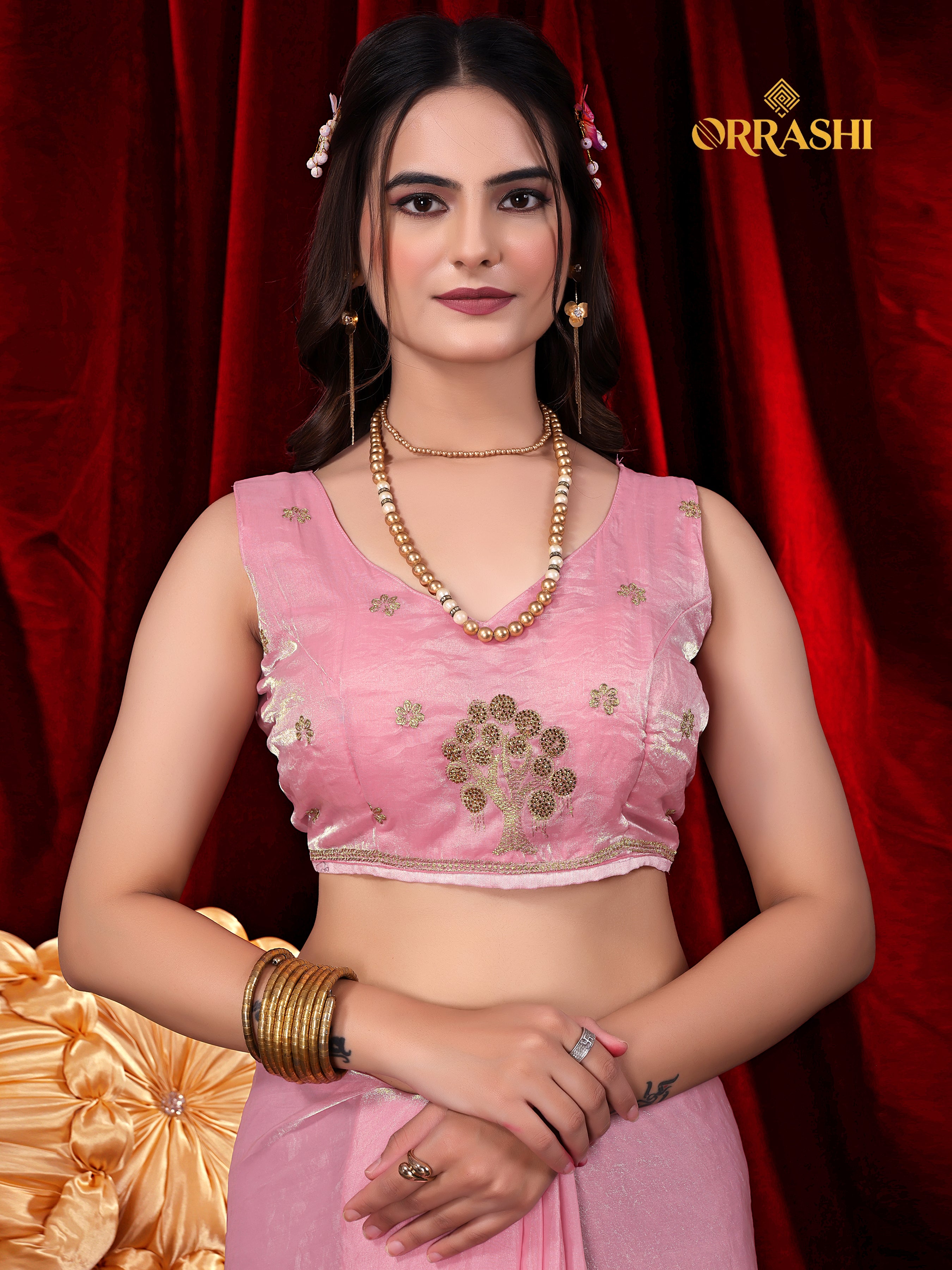 FORTUNE TREE EMBROIDERIED WITH JARKAN WORK FENDY SATIN SILK SAREE
