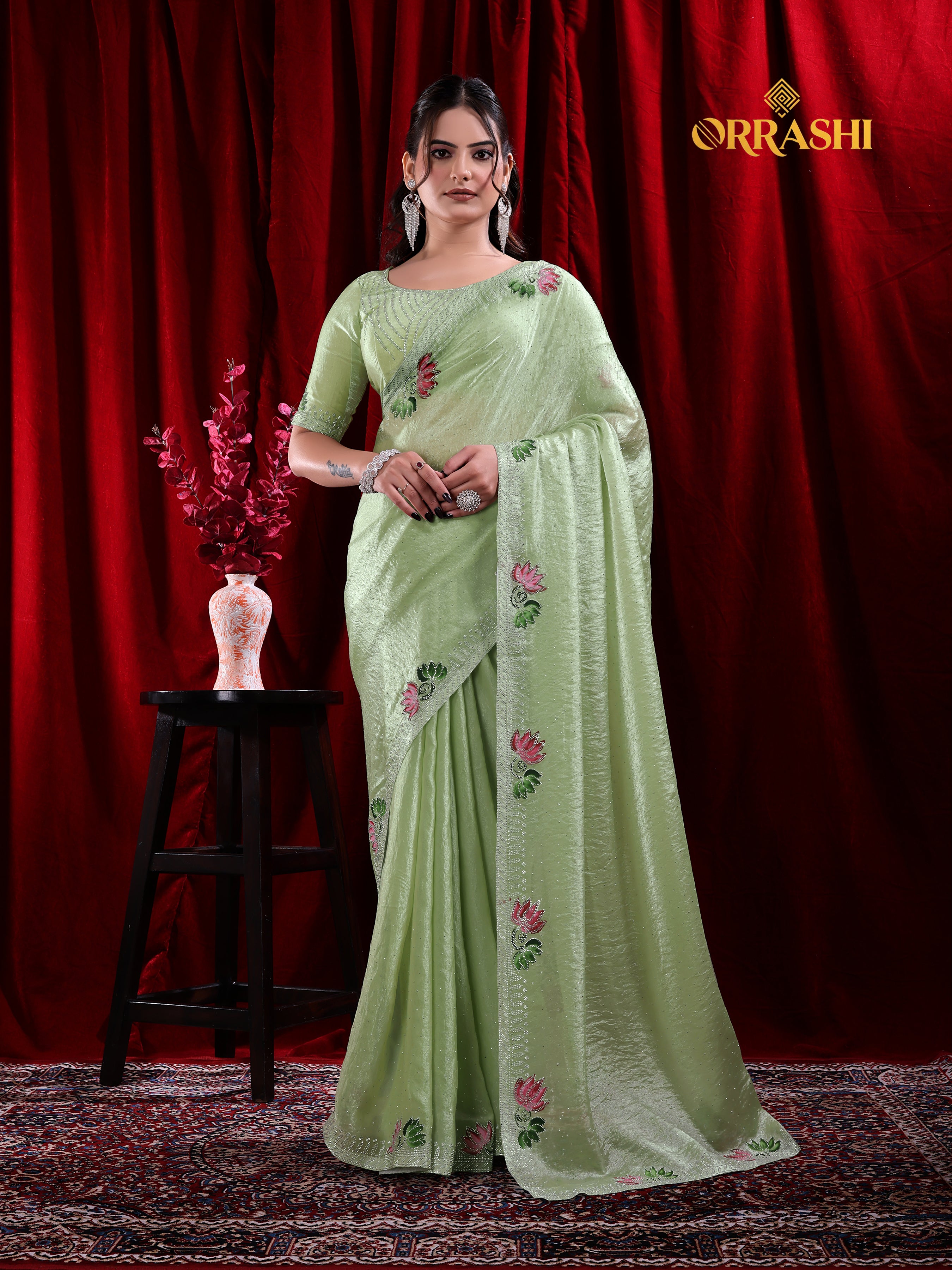 LOTUS PRINTED SIROSKI WORK FENDY SATIN SILK SAREE