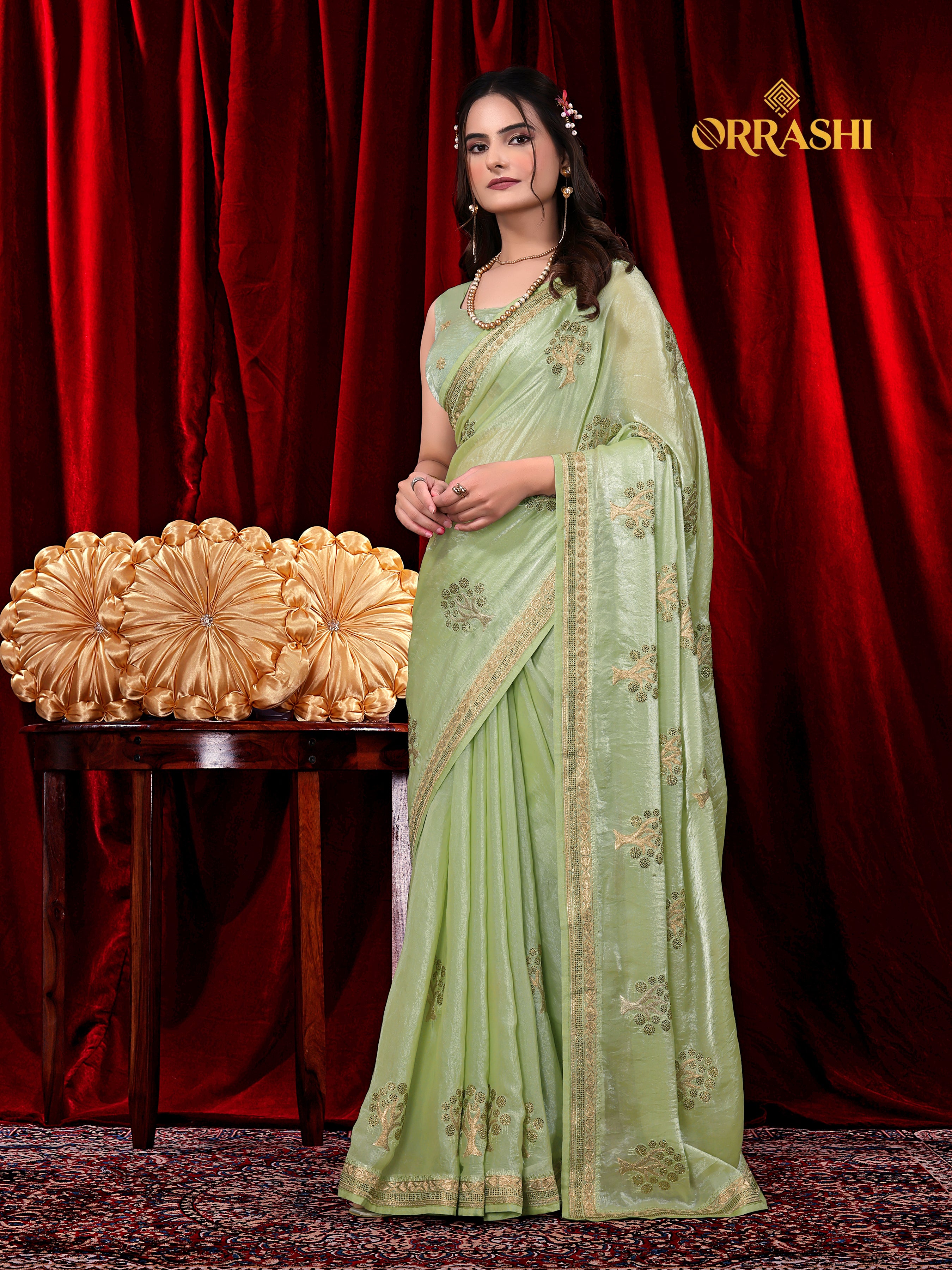 FORTUNE TREE EMBROIDERIED WITH JARKAN WORK FENDY SATIN SILK SAREE