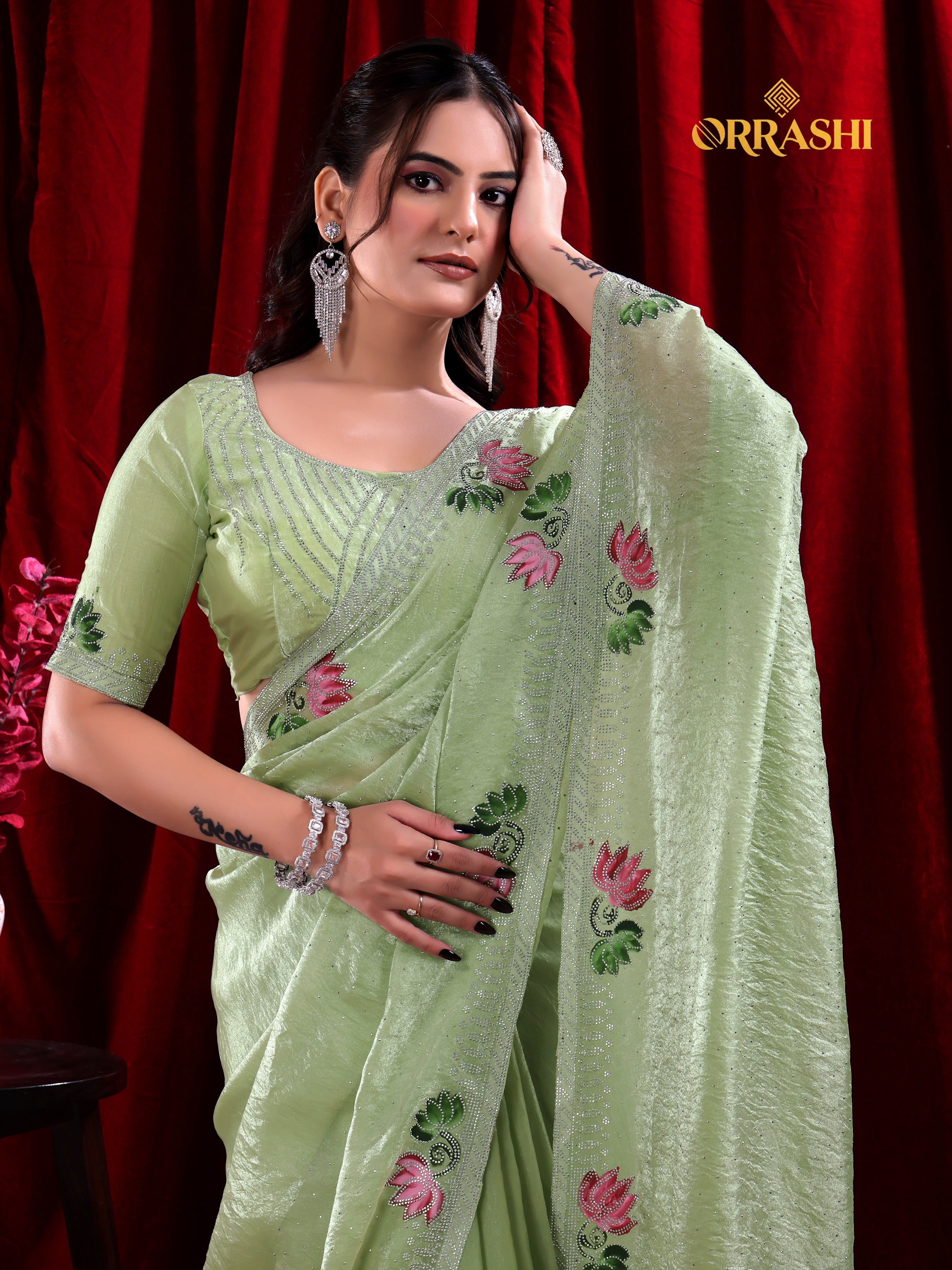 LOTUS PRINTED SIROSKI WORK FENDY SATIN SILK SAREE