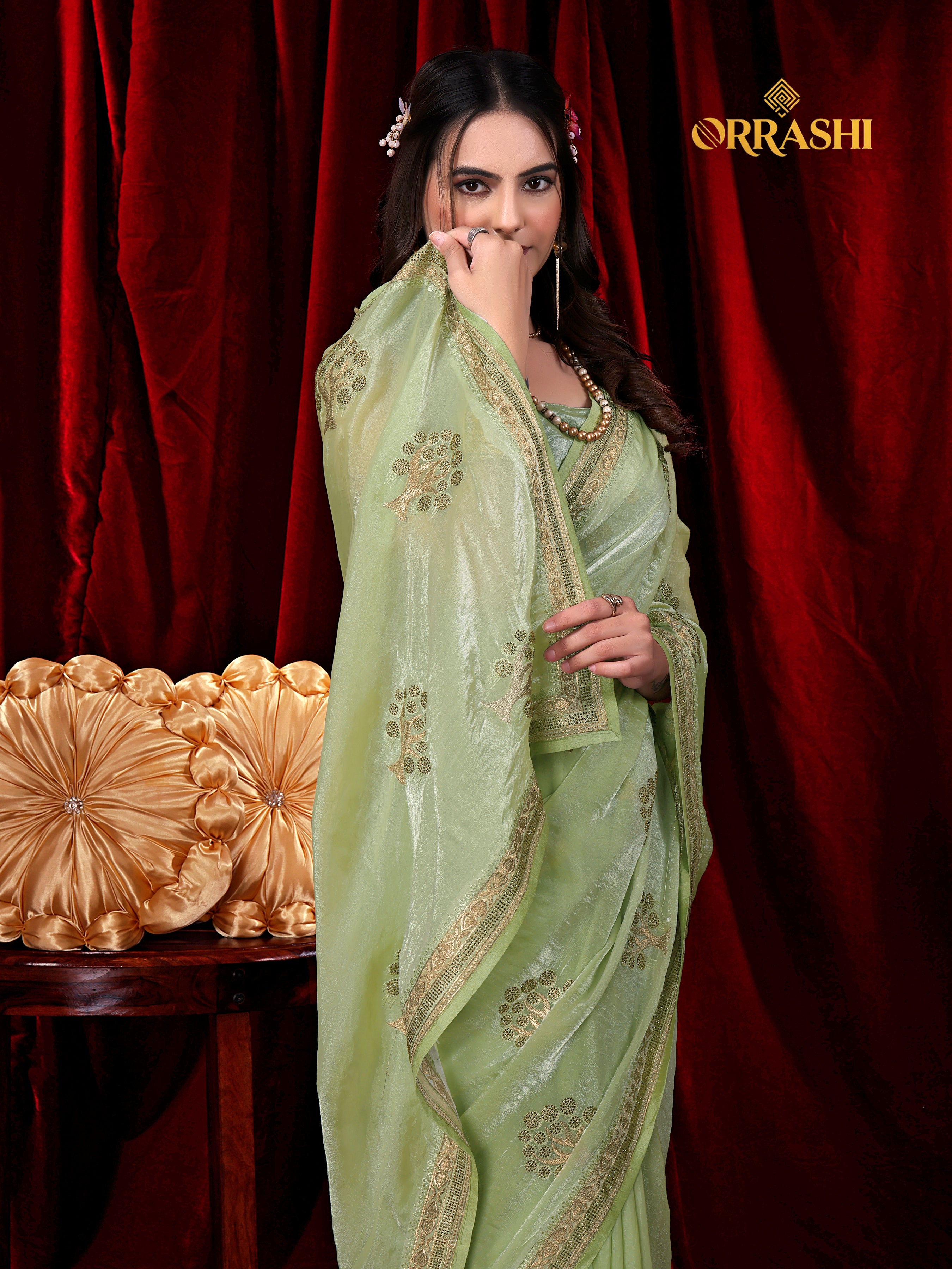FORTUNE TREE EMBROIDERIED WITH JARKAN WORK FENDY SATIN SILK SAREE