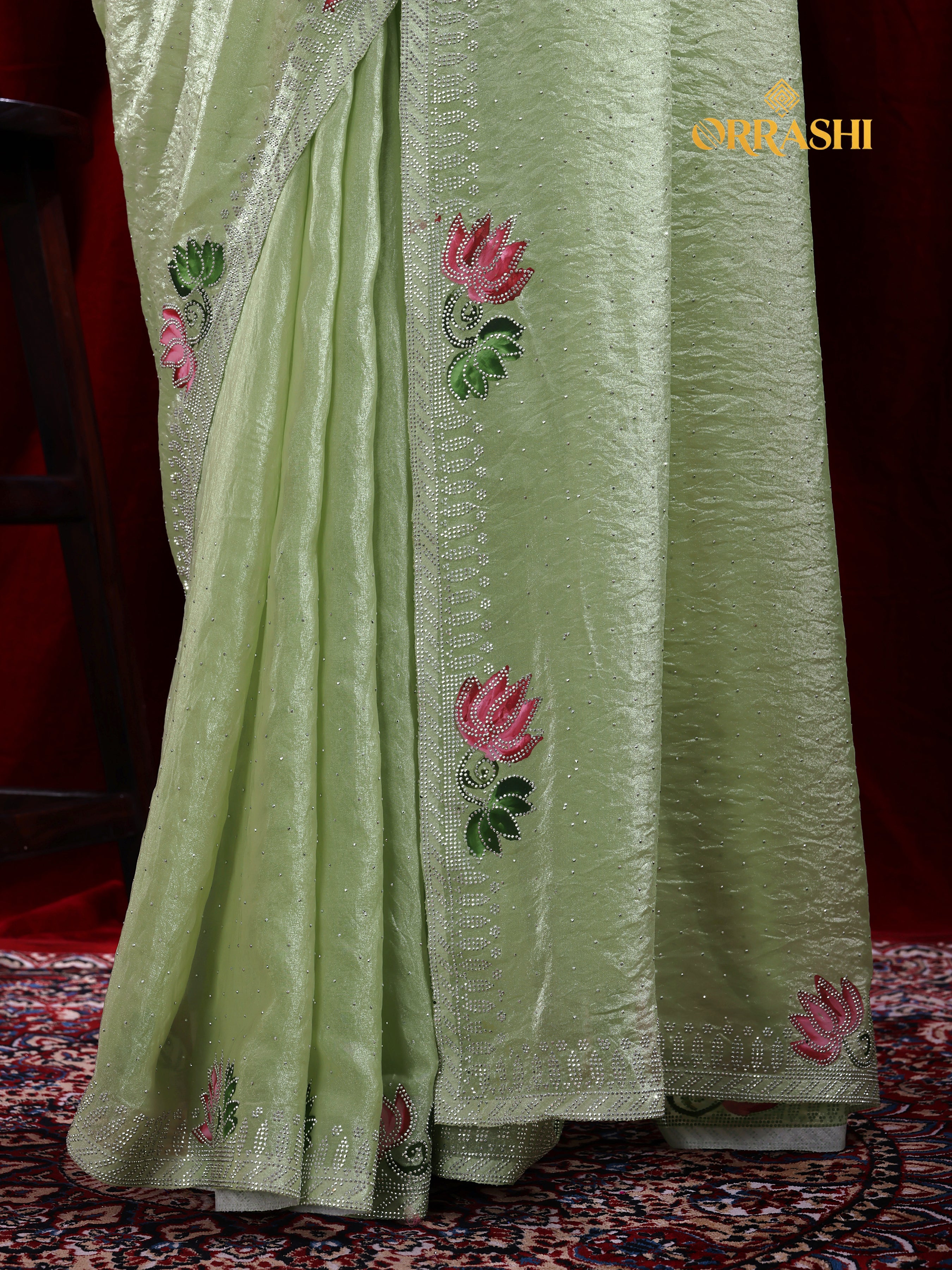 LOTUS PRINTED SIROSKI WORK FENDY SATIN SILK SAREE