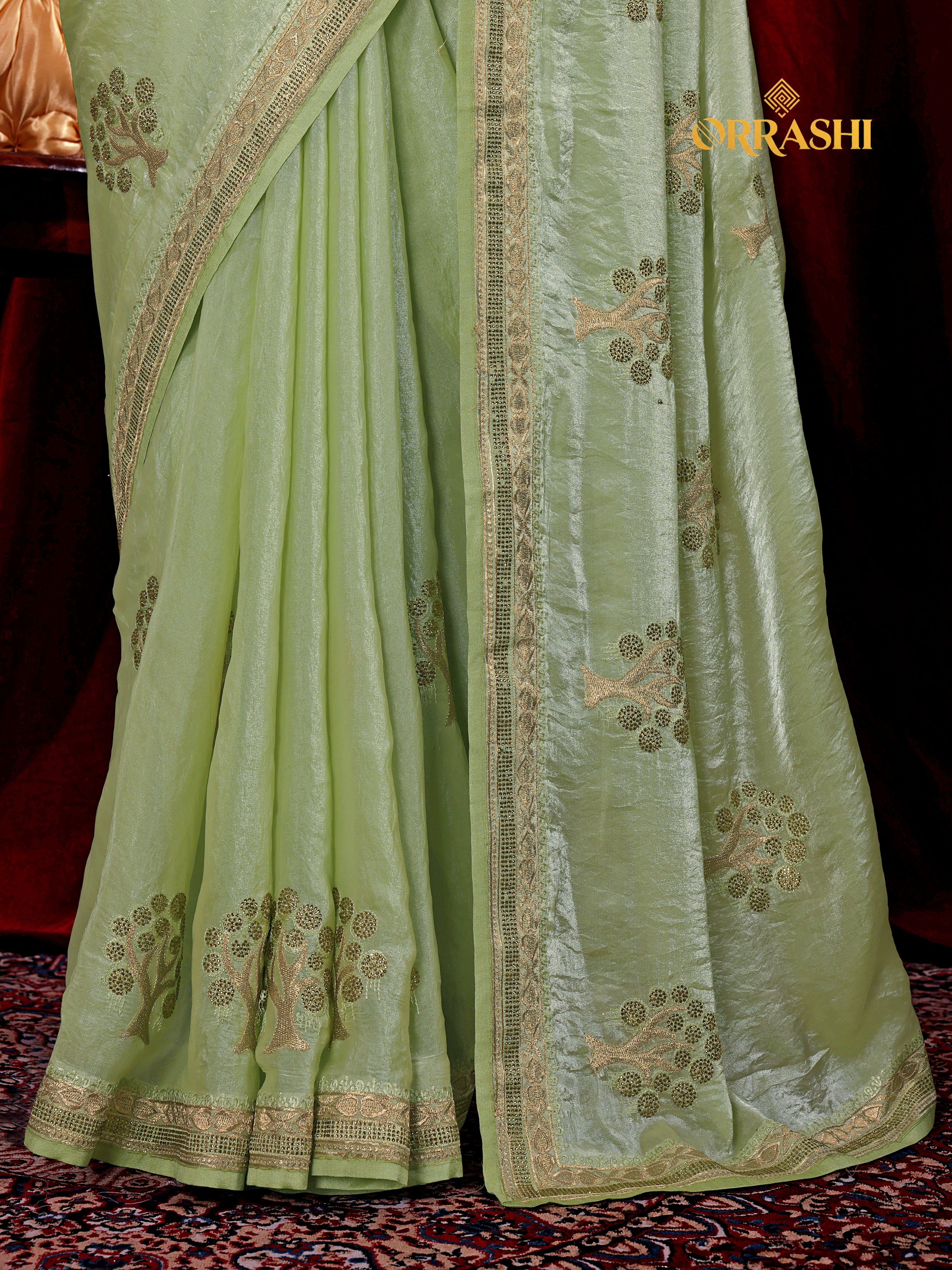 FORTUNE TREE EMBROIDERIED WITH JARKAN WORK FENDY SATIN SILK SAREE