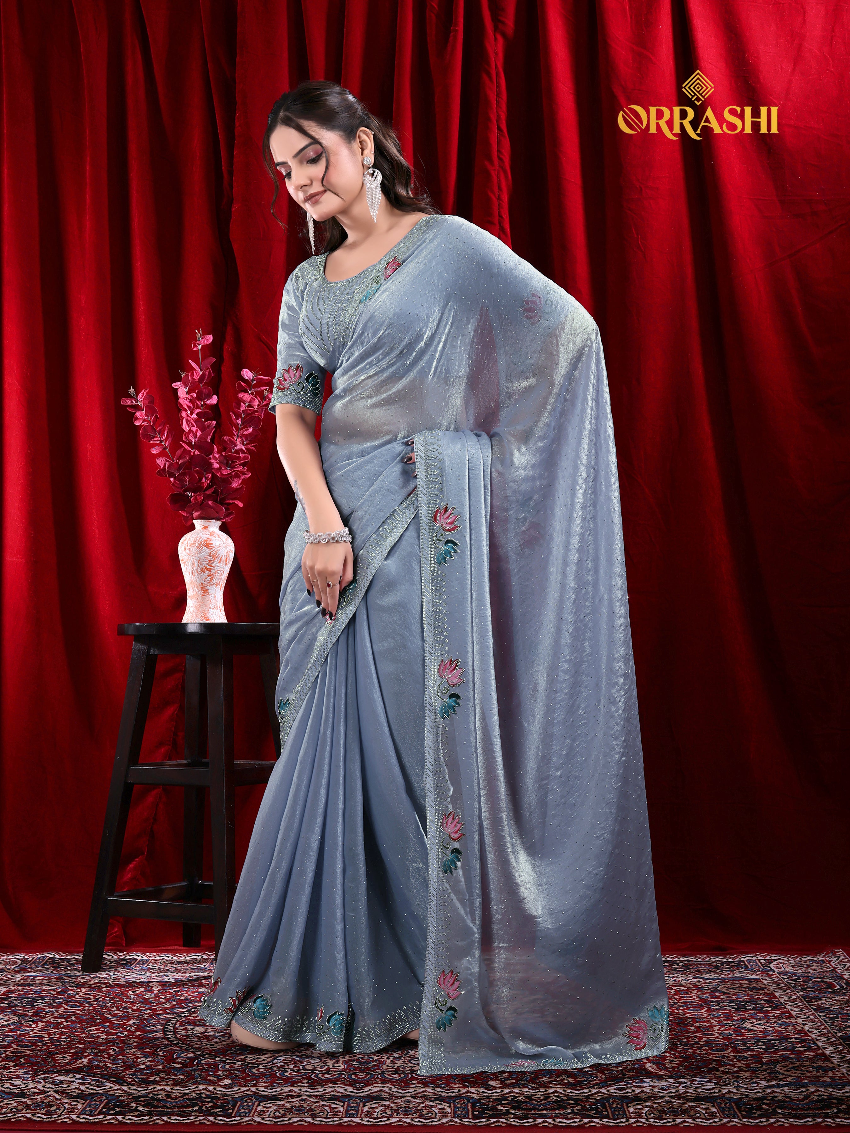 LOTUS PRINTED SIROSKI WORK FENDY SATIN SILK SAREE
