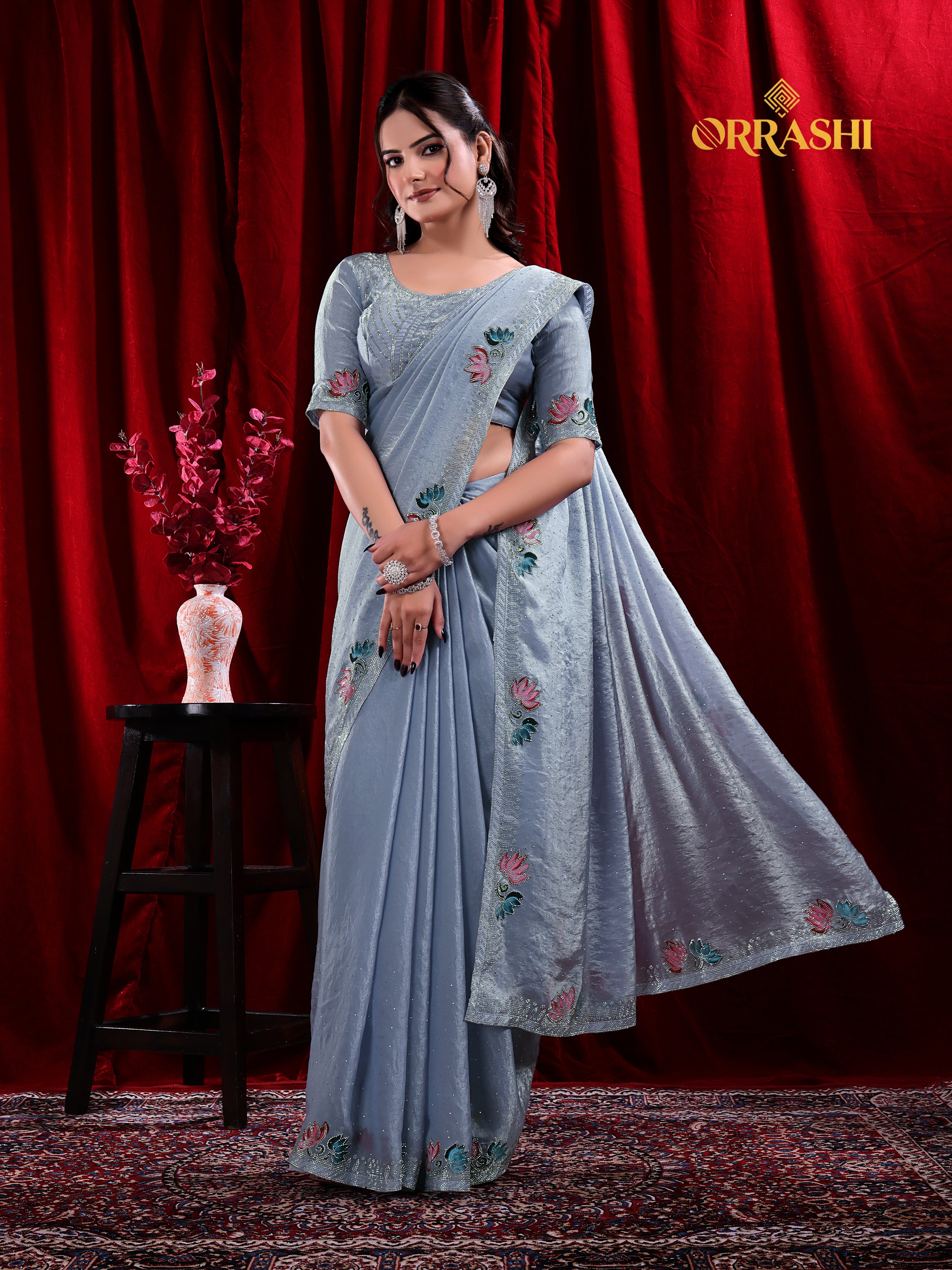 LOTUS PRINTED SIROSKI WORK FENDY SATIN SILK SAREE