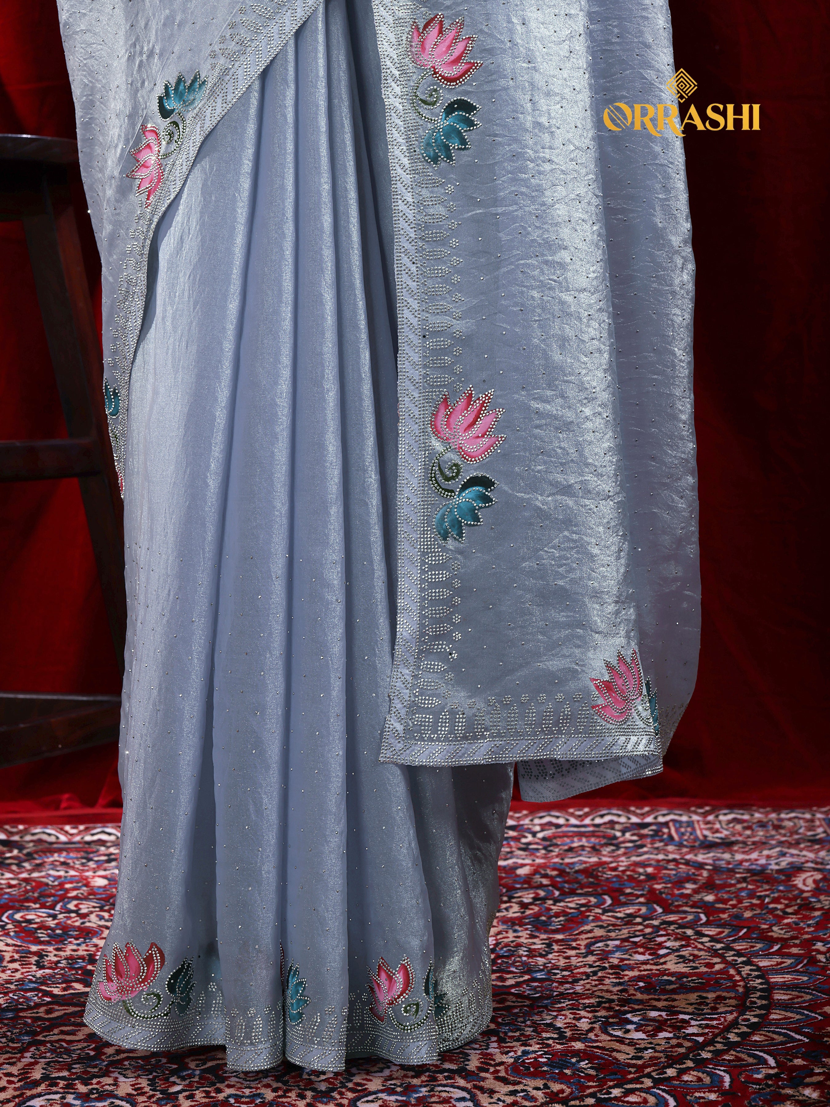 LOTUS PRINTED SIROSKI WORK FENDY SATIN SILK SAREE