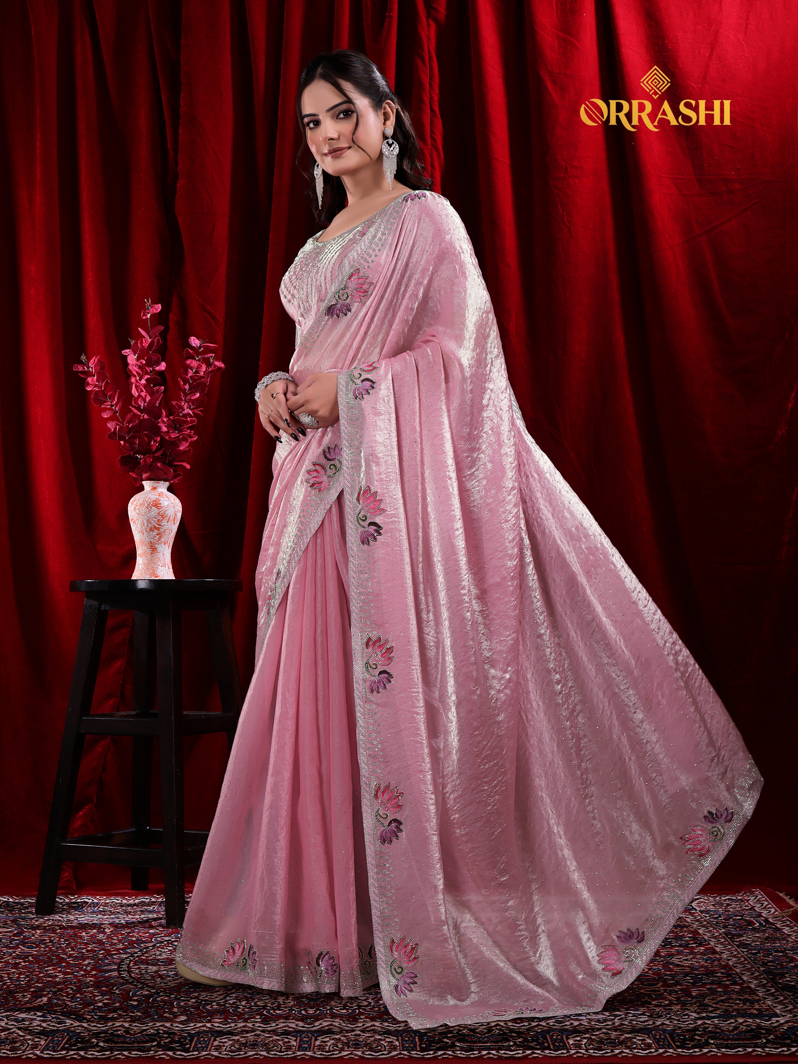LOTUS PRINTED SIROSKI WORK FENDY SATIN SILK SAREE