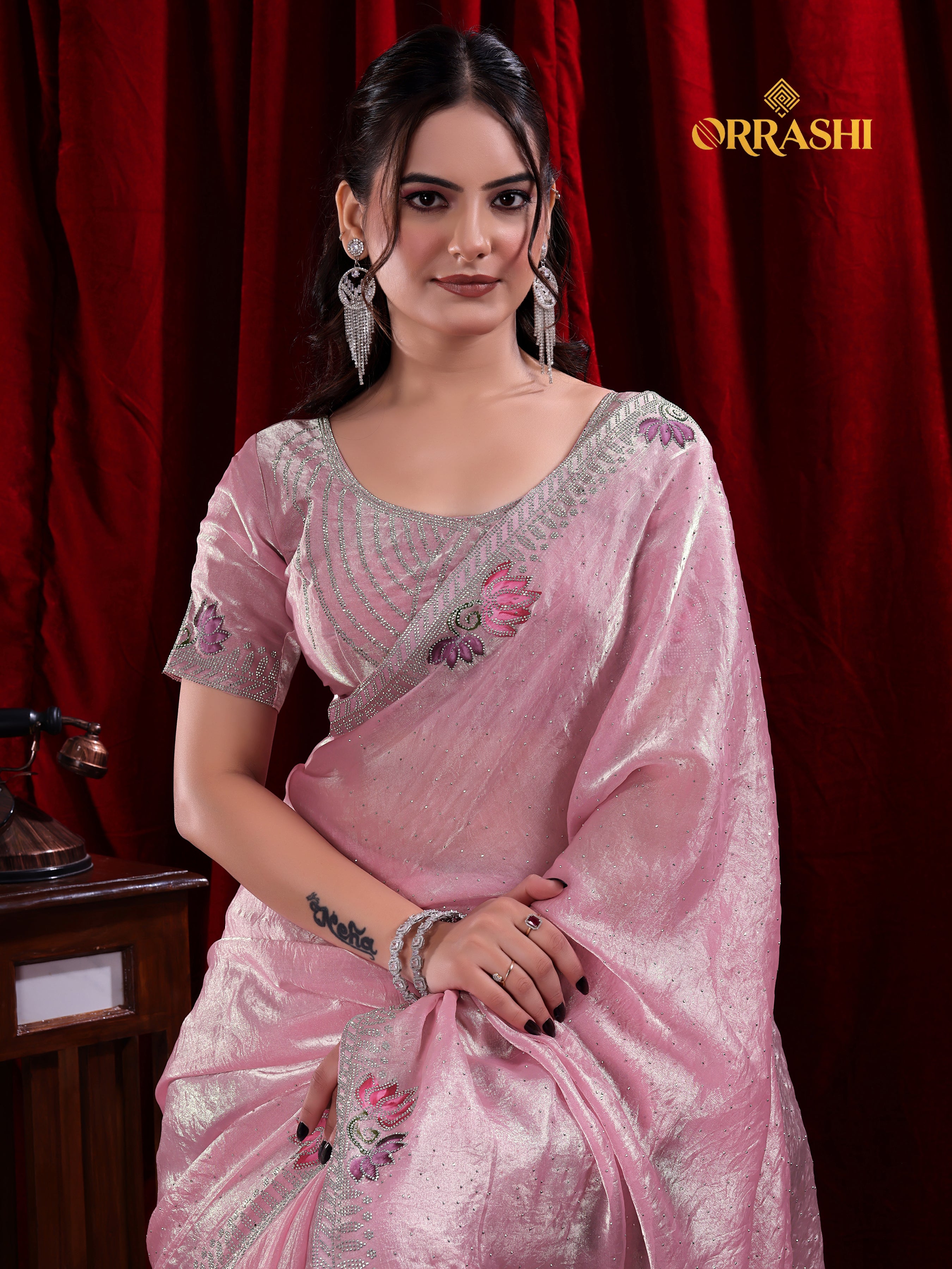 LOTUS PRINTED SIROSKI WORK FENDY SATIN SILK SAREE