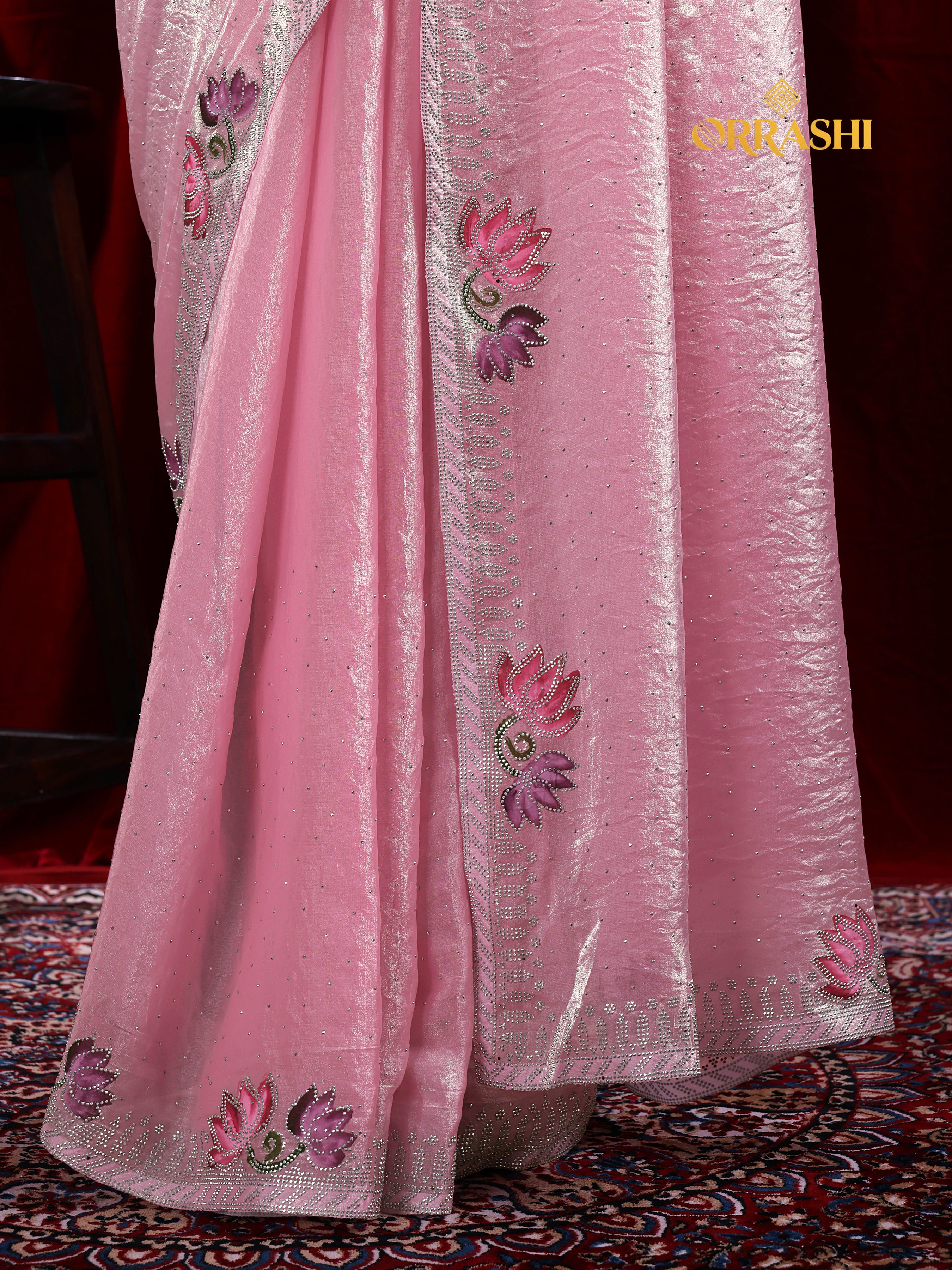LOTUS PRINTED SIROSKI WORK FENDY SATIN SILK SAREE