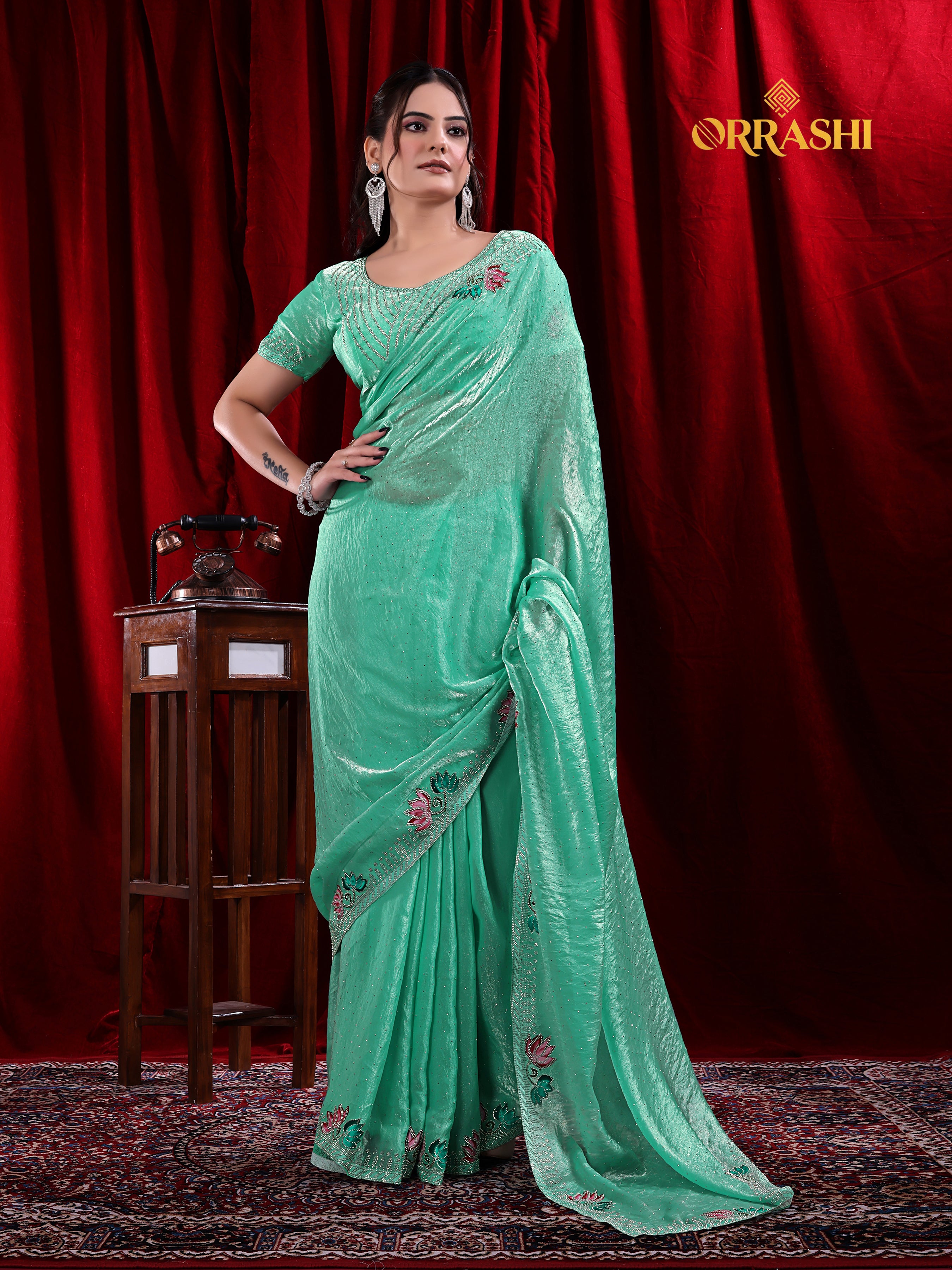 LOTUS PRINTED SIROSKI WORK FENDY SATIN SILK SAREE
