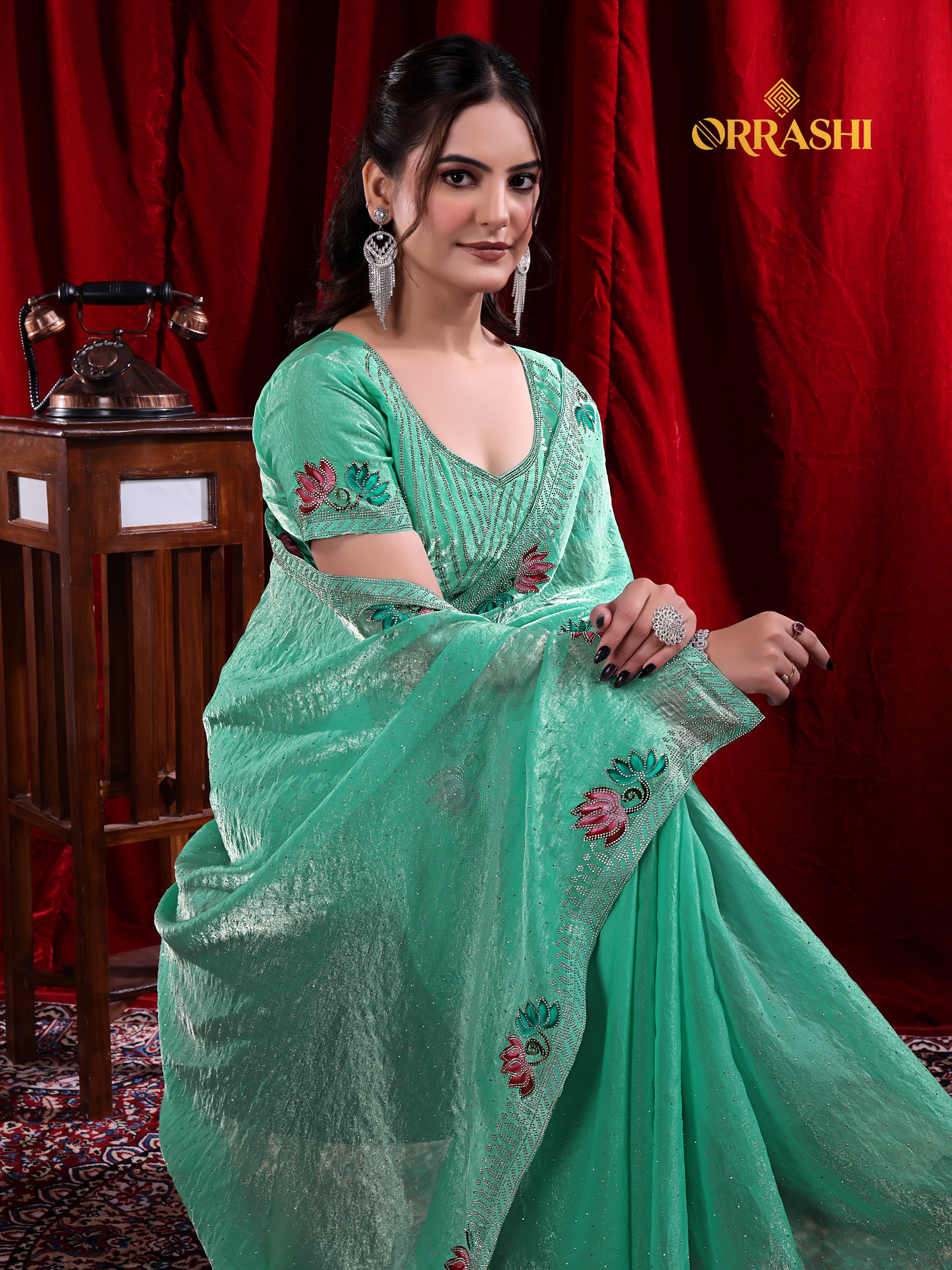 LOTUS PRINTED SIROSKI WORK FENDY SATIN SILK SAREE