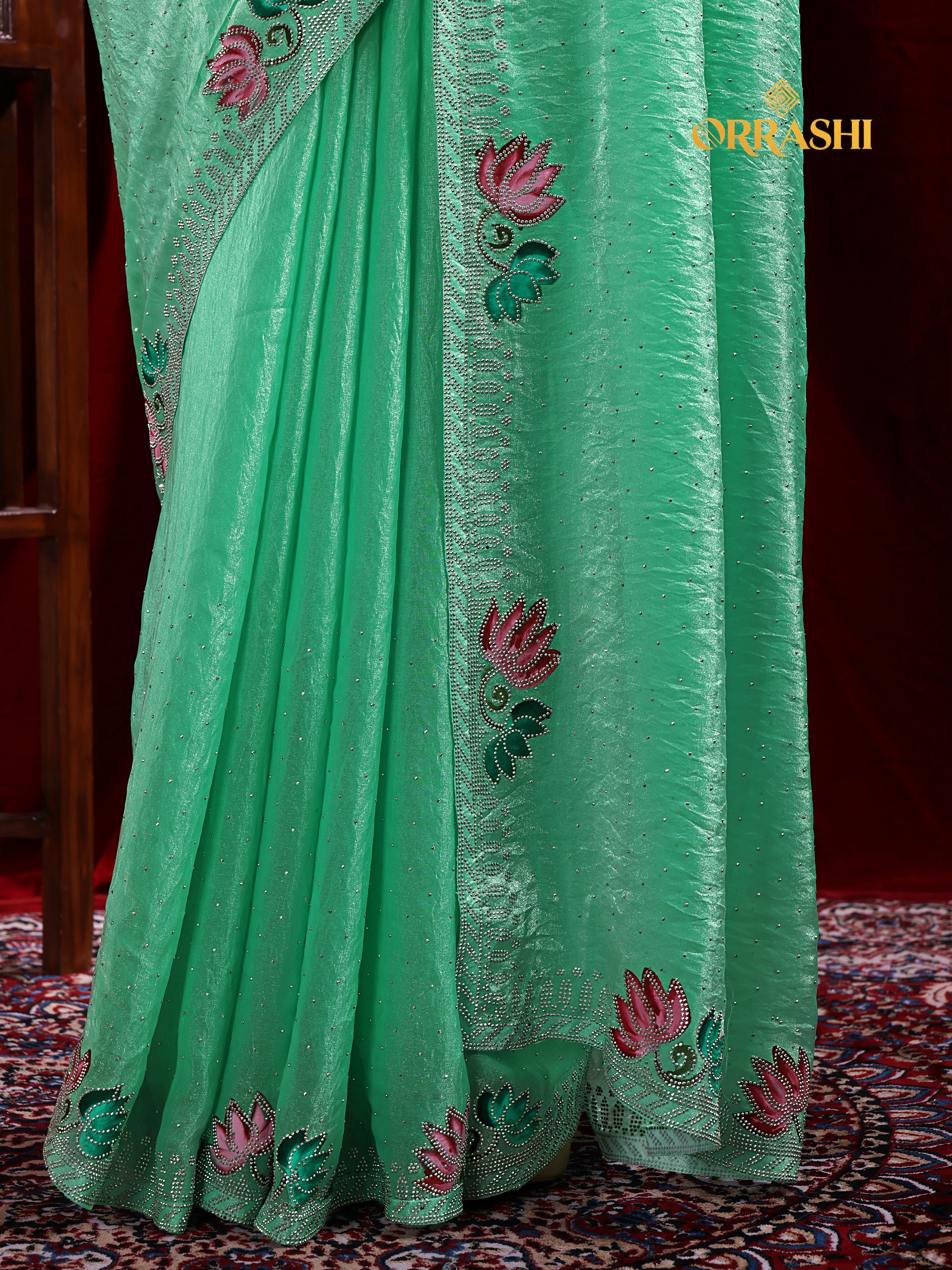 LOTUS PRINTED SIROSKI WORK FENDY SATIN SILK SAREE