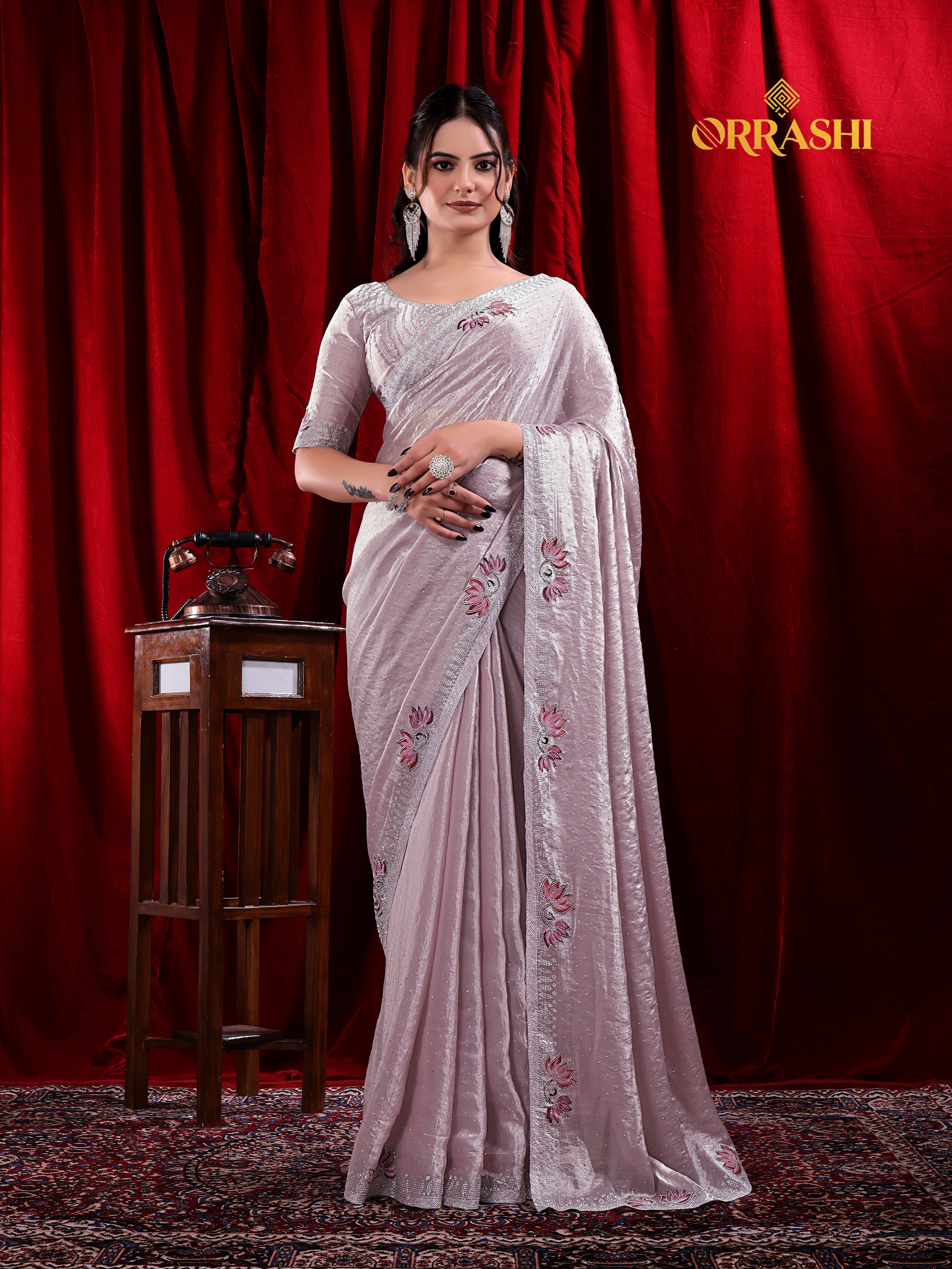 LOTUS PRINTED SIROSKI WORK FENDY SATIN SILK SAREE