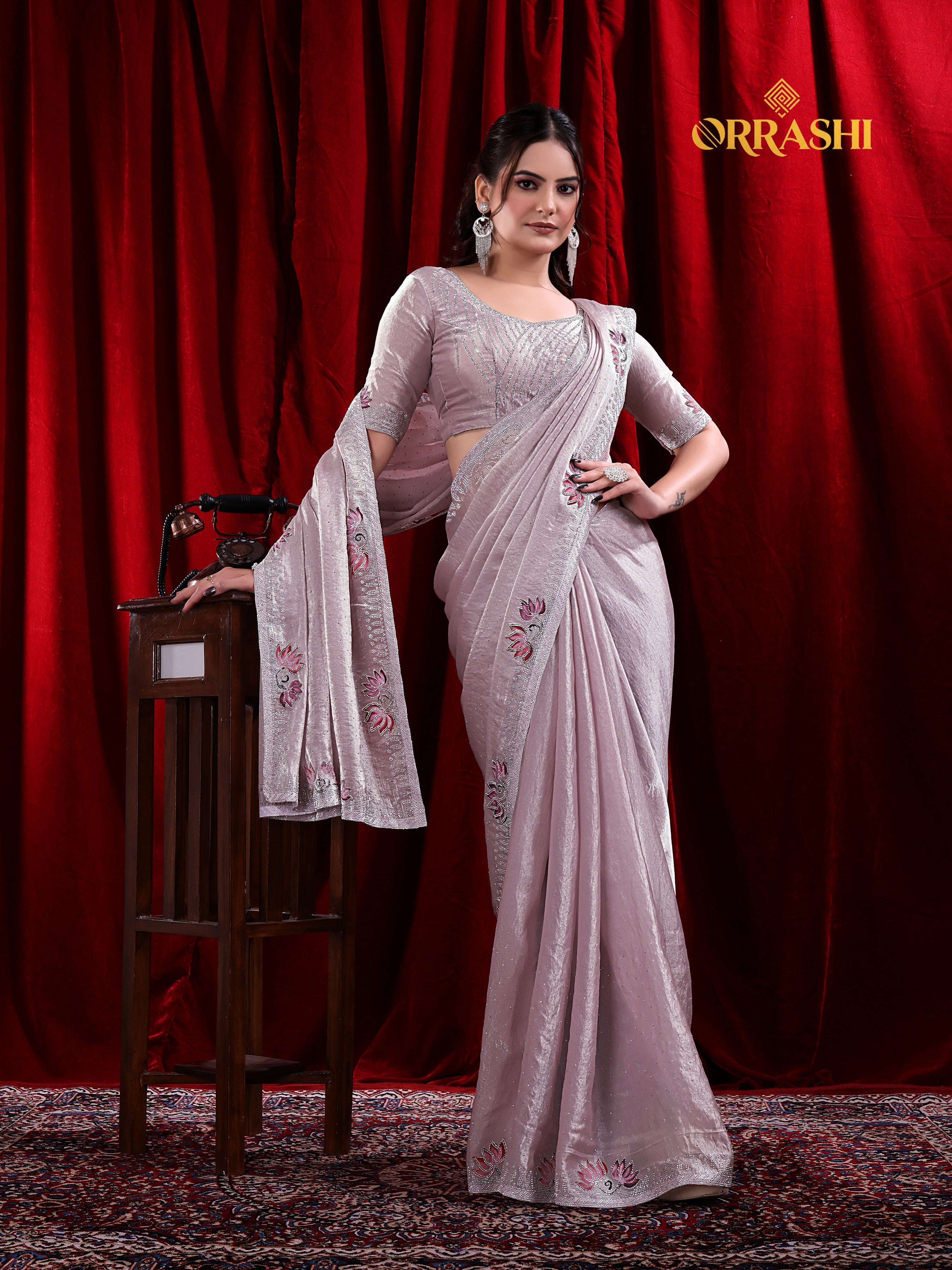 LOTUS PRINTED SIROSKI WORK FENDY SATIN SILK SAREE